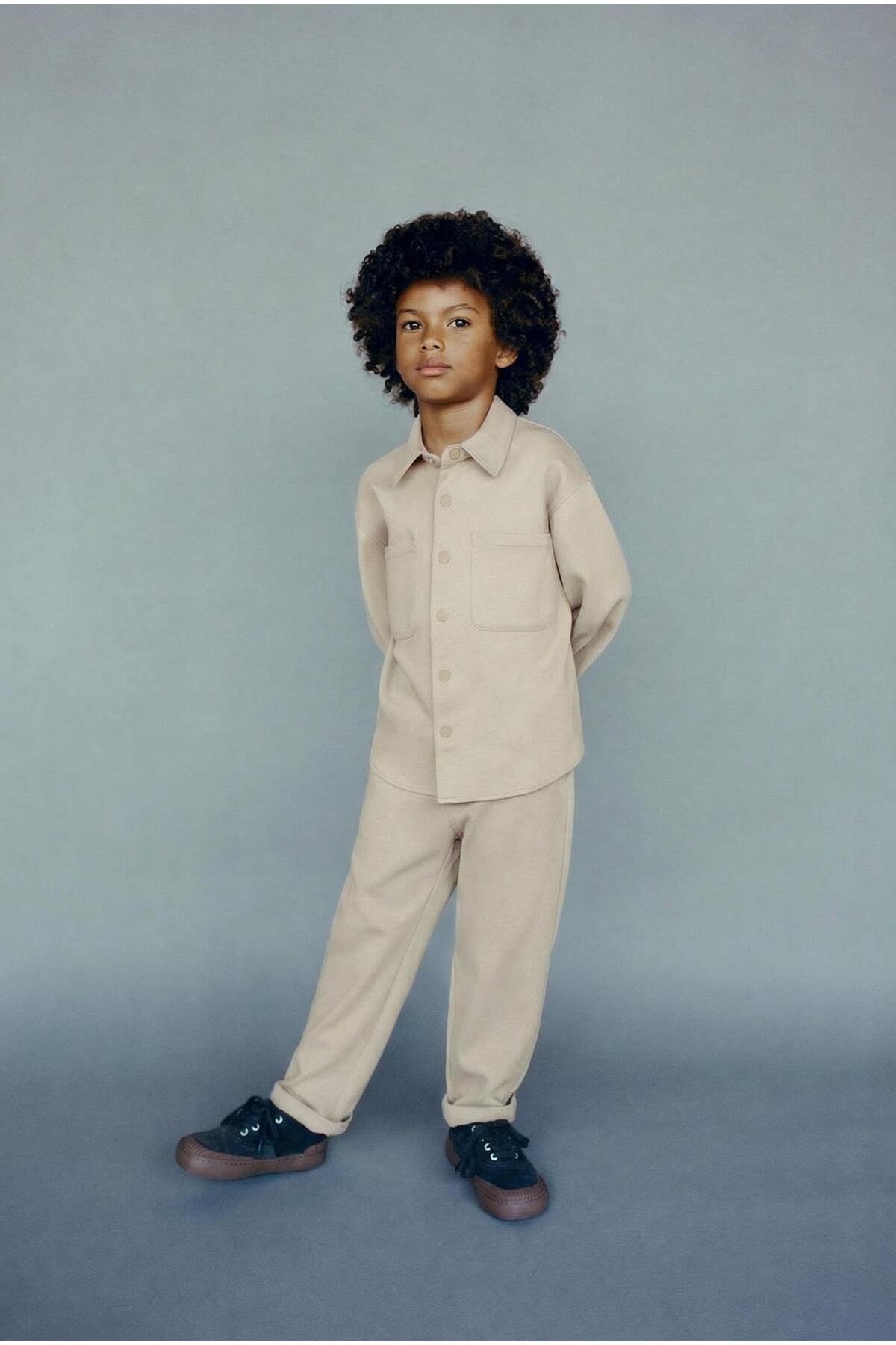 Boys Cotton Beige Minimal Set - Buttoned Pocket Shirt & Casual Pants