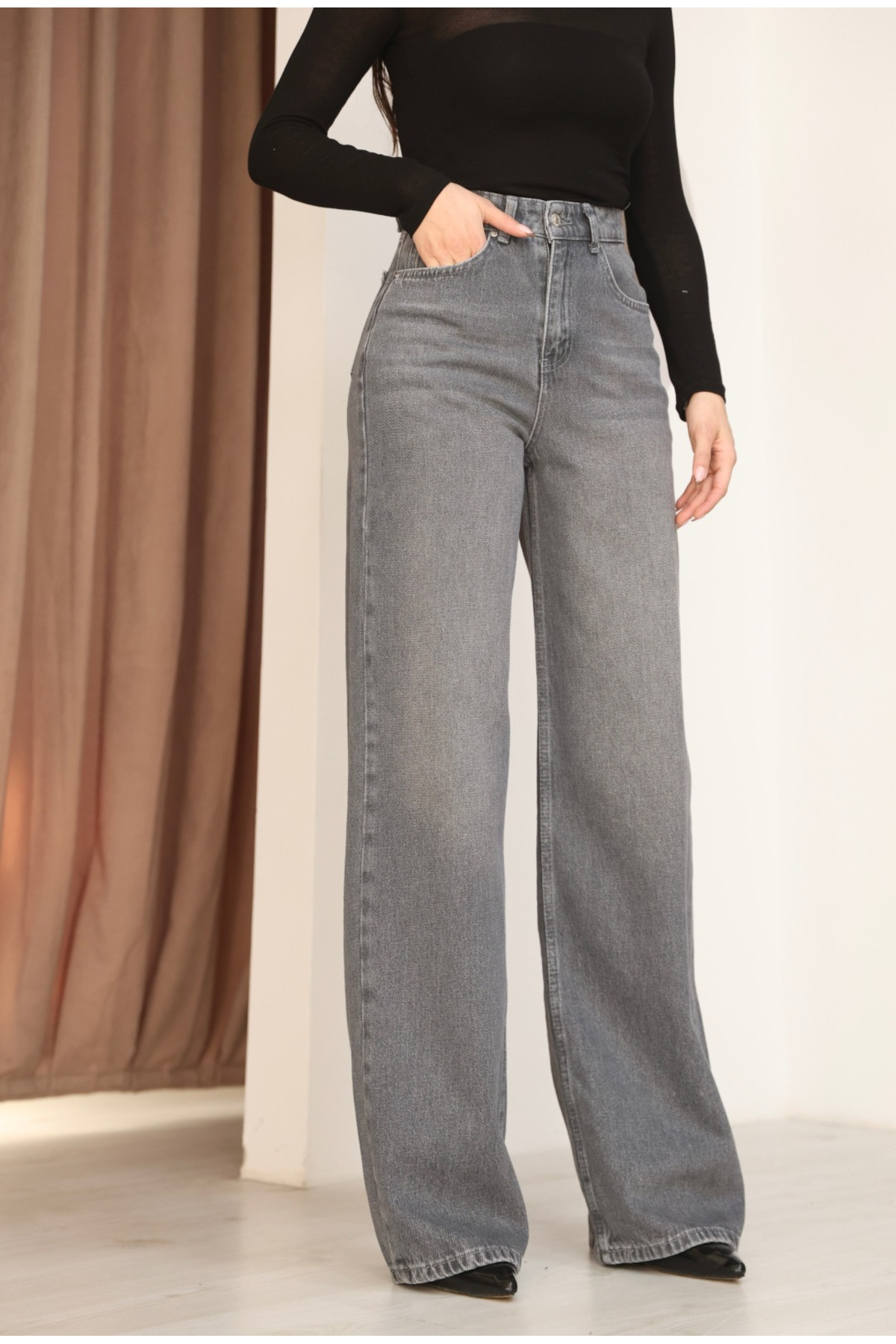 ceymoda  Kadın Yüksek Bel Yıkama Dökümlü Palazzo Jean Kot Pantolon - Görsel 4