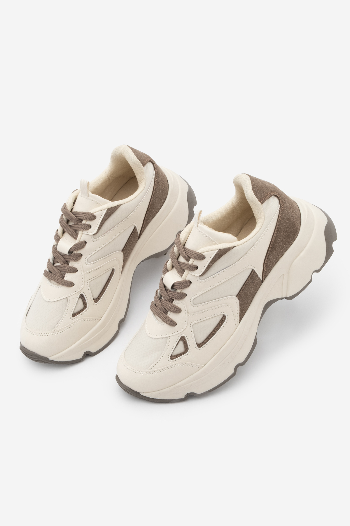 Marjin  Kadın Sneaker Yüksek Kalın Taban Çok Parçalı Bağcıklı Spor Ayakkabı Vader Ekru