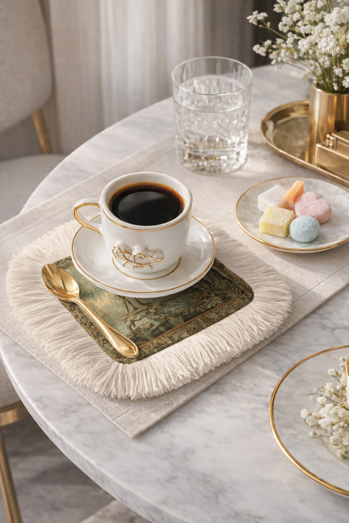 Avant-garde Elegant Fringed Serving Napkin-Artistic Nature Classic Vintage Green Beige Coaster Handkerchief