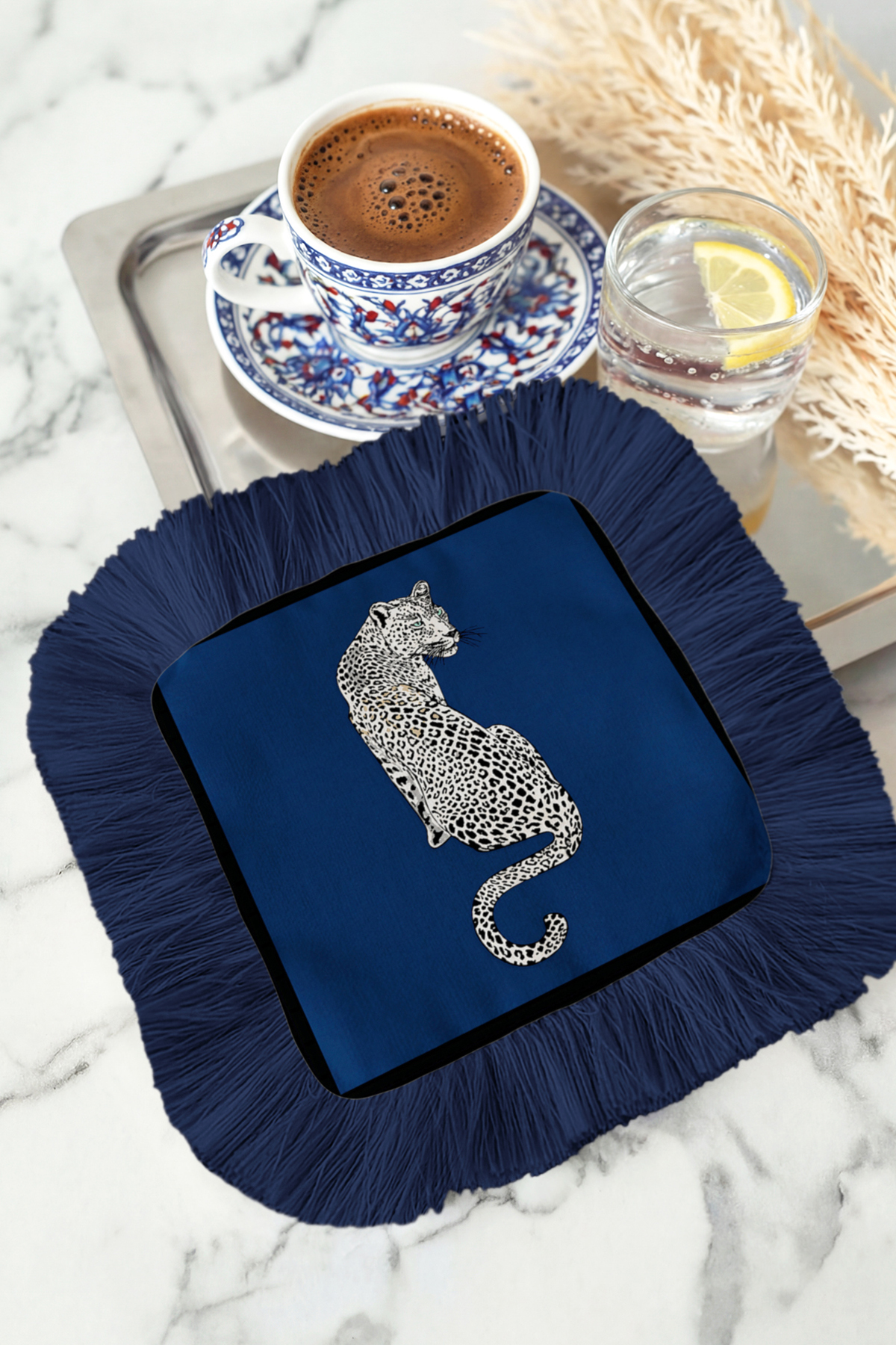 Leopard Motivated Fringed Serving Napkin-Luxurious Wild Elegance Bohemian Navy Blue Coaster Service Wipes
