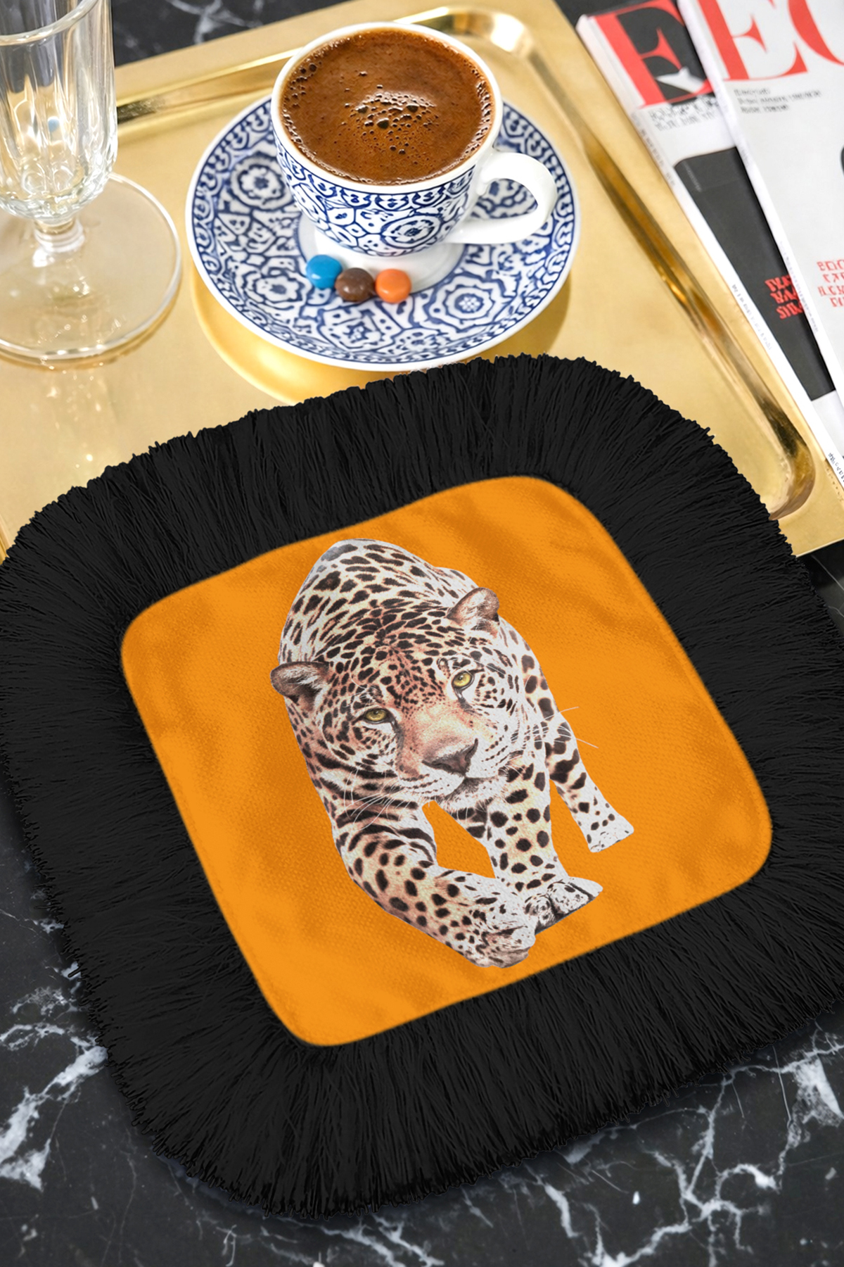 Luxury Jaguar Fringed Flamboyant Serving Pad Handkerchief-Natural Bohemian Orange Black Serving Napkin