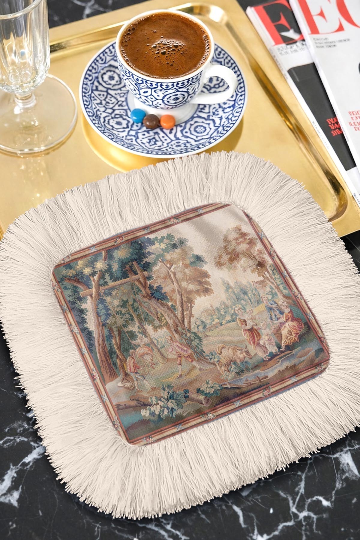 Avant-garde Rococo Bohemian Presentation Napkin with Fringe - Pastoral Vintage Beige Blue Coaster Handkerchief