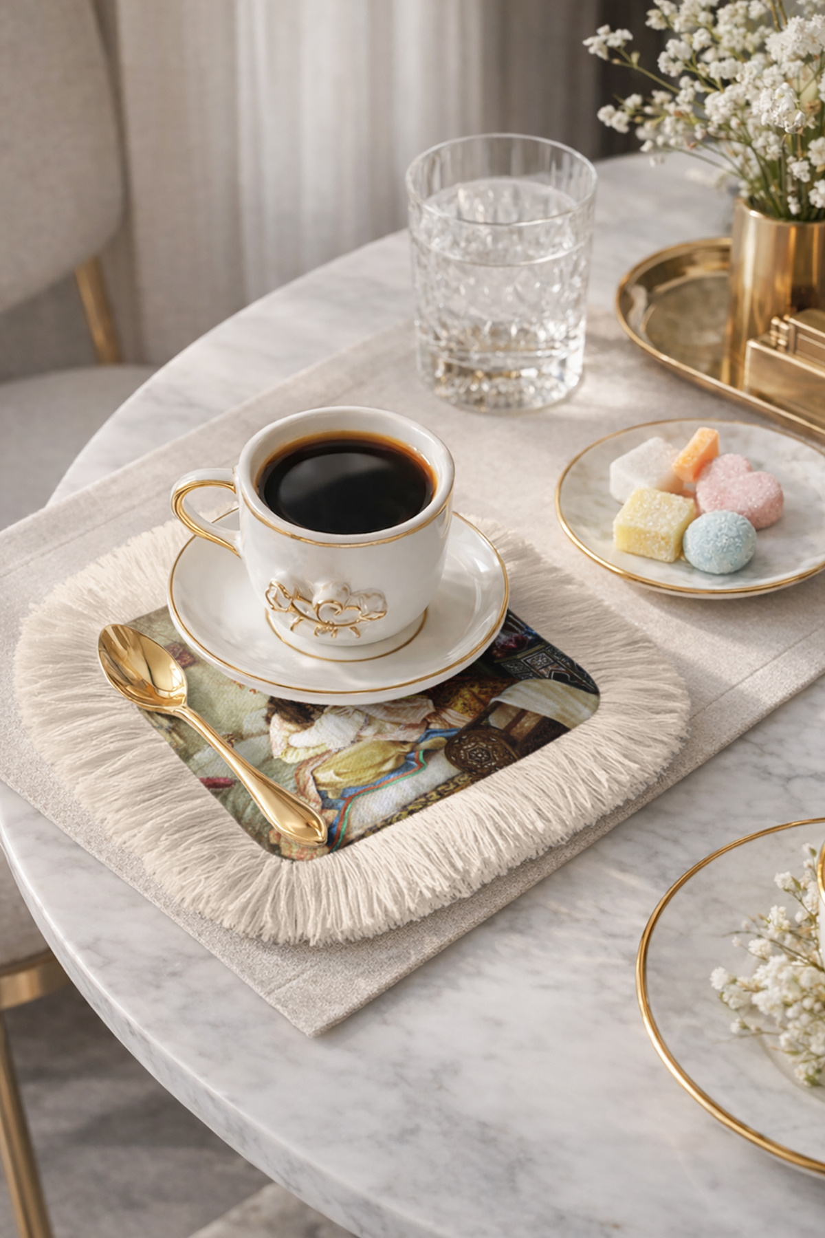 Palace Elegance Fringed Coffee Side Serving Napkin-Oriental Bohemian Beige Coaster Serving Wipes