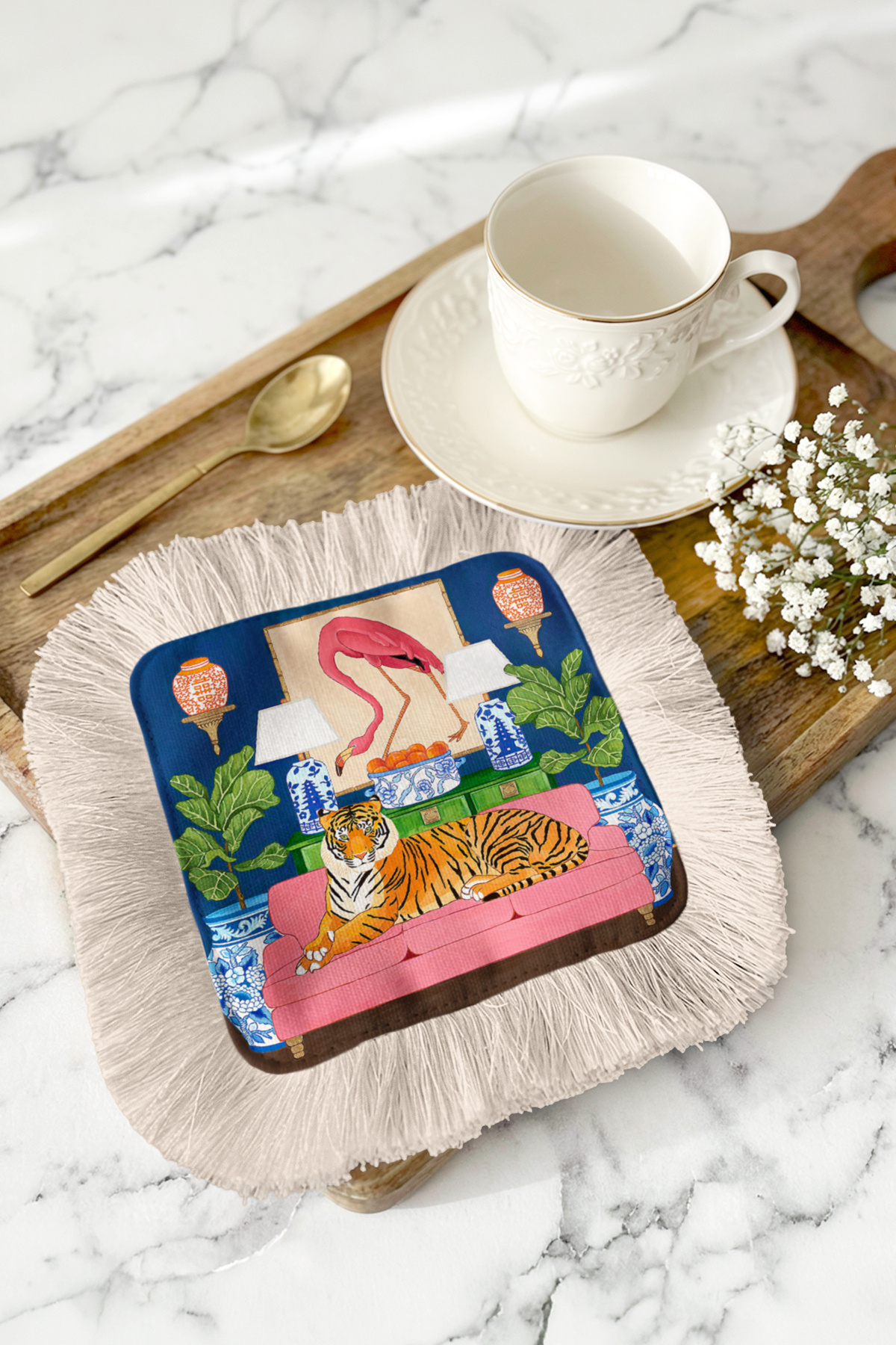 Luxury Tiger Pattern Fringed Serving Napkin - Flamingo Retro Navy Blue Pink Coaster Handkerchief