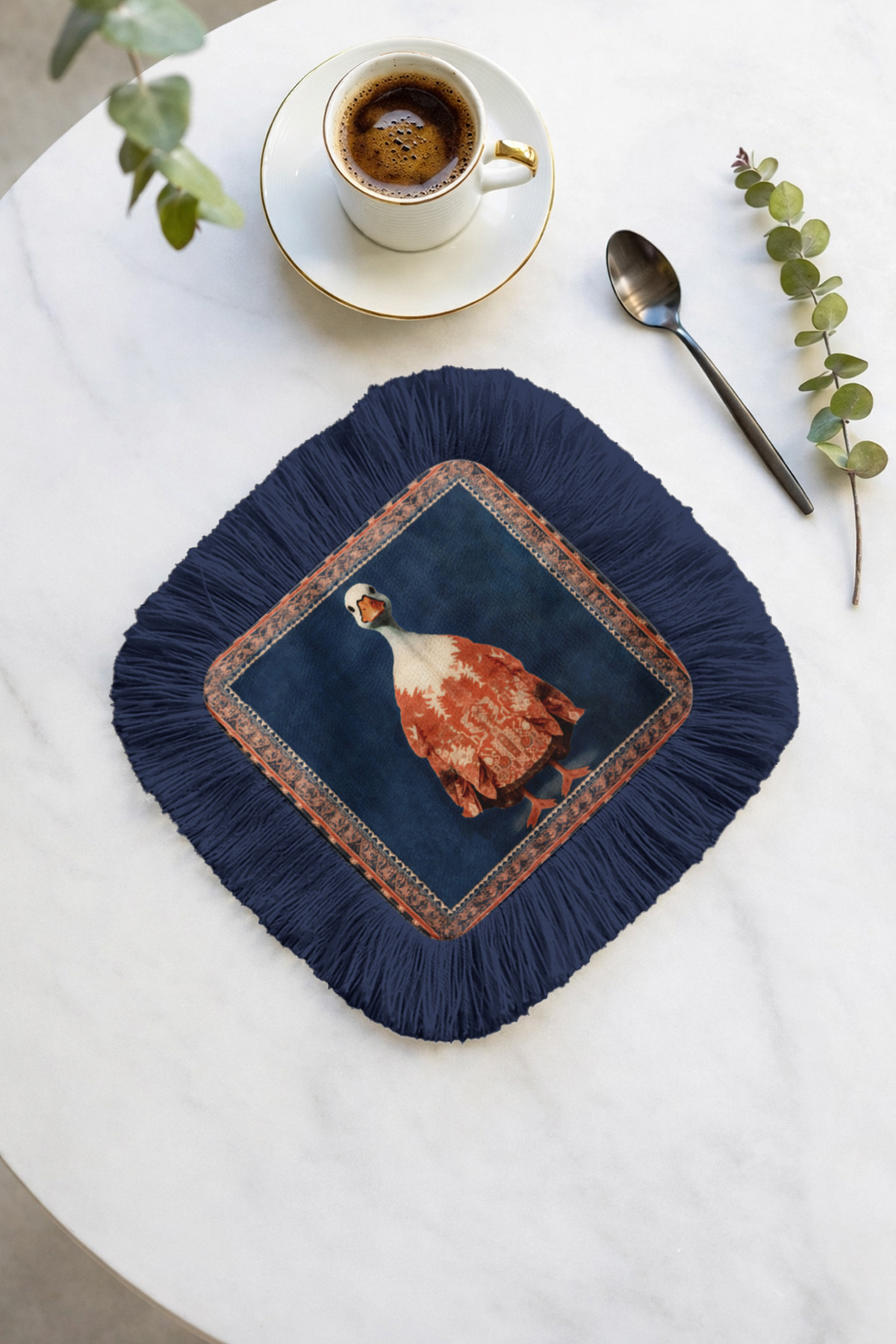 Elegant Vintage Goose Pattern Tasseled Serving Napkin - Bohemian Navy Blue Orange Coaster Handkerchief