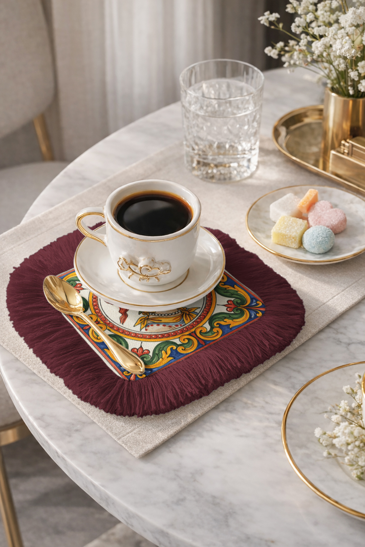 Italian Knight Pattern Fringed Serving Napkin - Renaissance Bohemian Red Gold Coaster Handkerchief