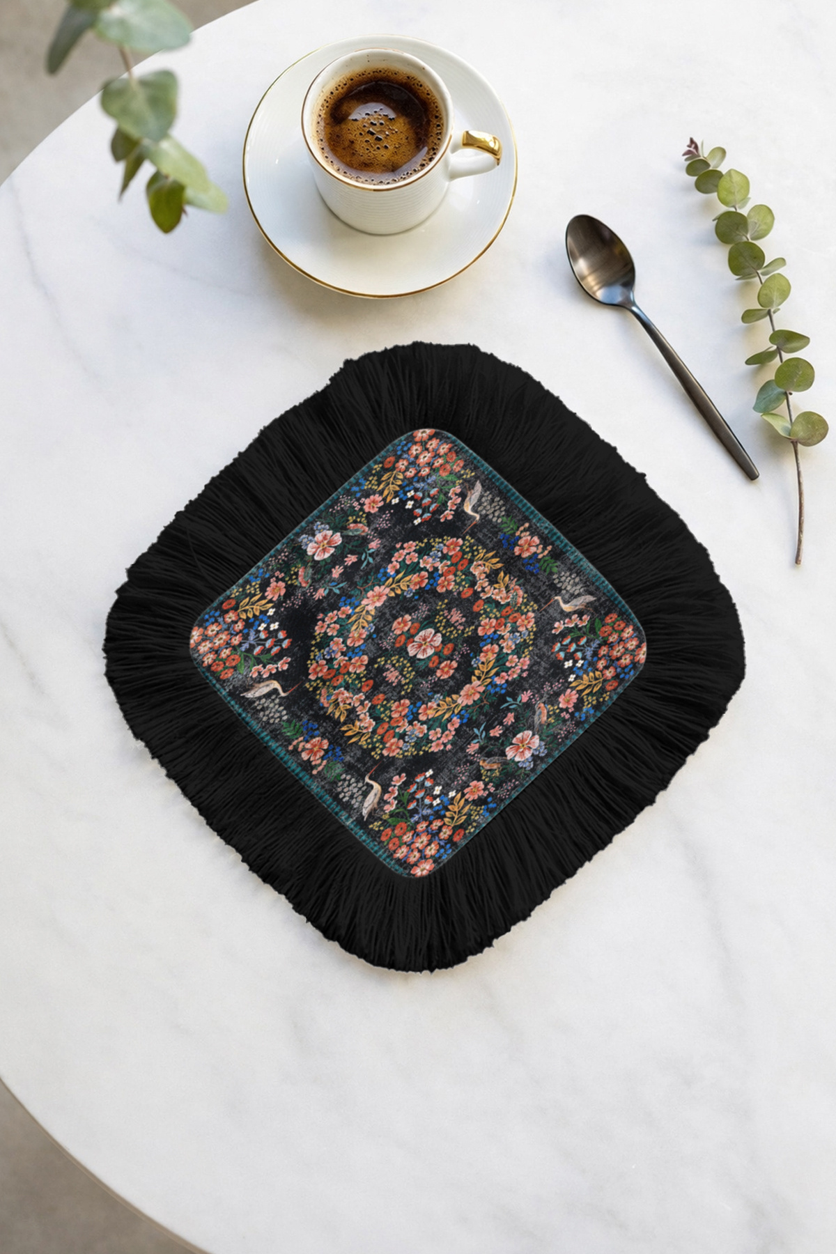 Elegant Flower Aged Pattern Tasseled Serving Napkin-Classic Bohemian Black Coaster Handkerchief