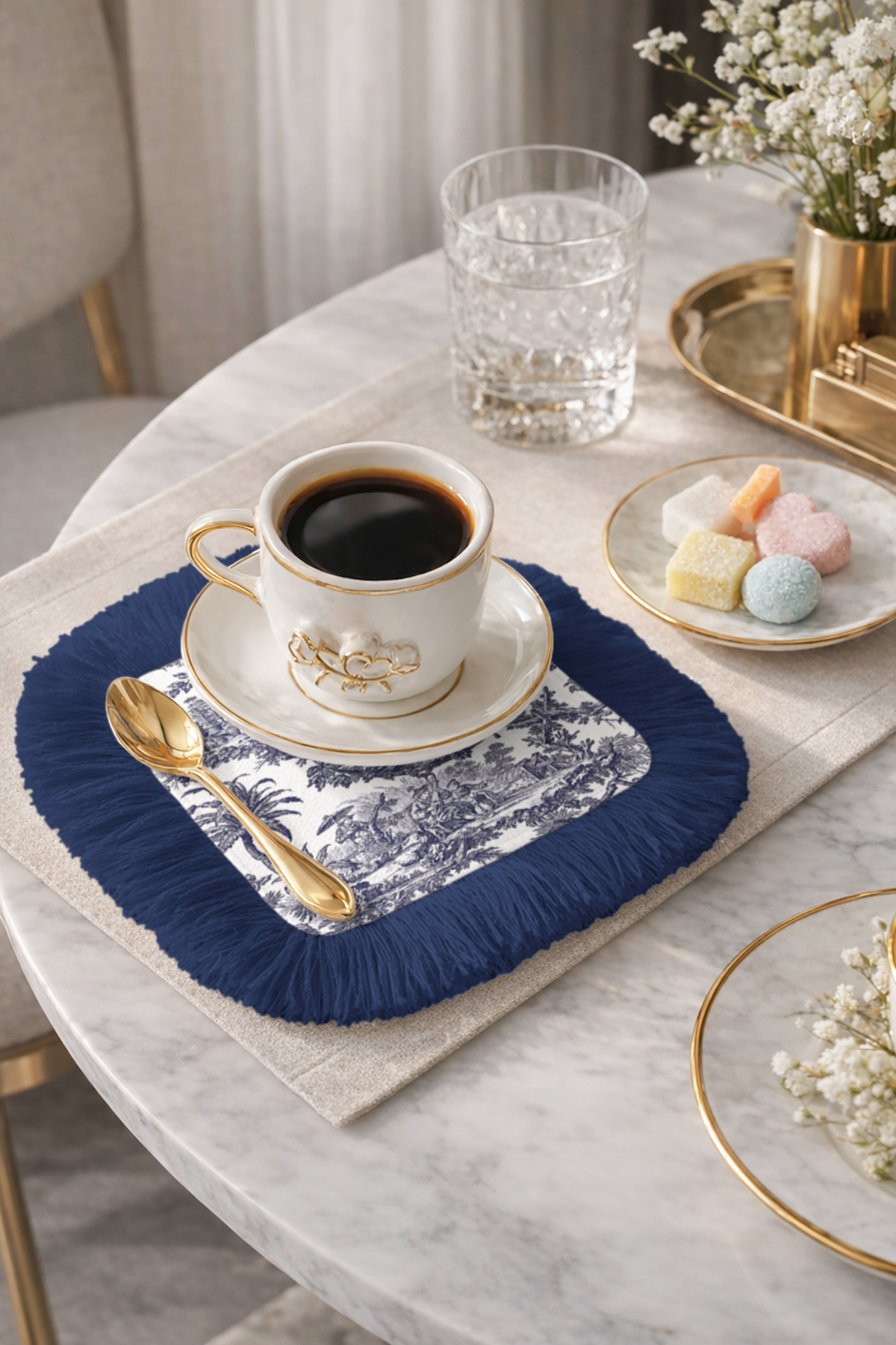 French Elegance Stylish Serving Tissue with Fringe - Elegant Classic Rustic Navy Blue Coffee Bottom Tray Napkin