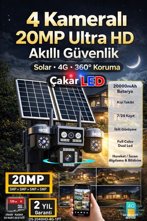 IDS 4 Kamera 20MP UltraHD Güneş Enerjili Sim Kartlı 360 Güçlü Batarya 12xZoom...