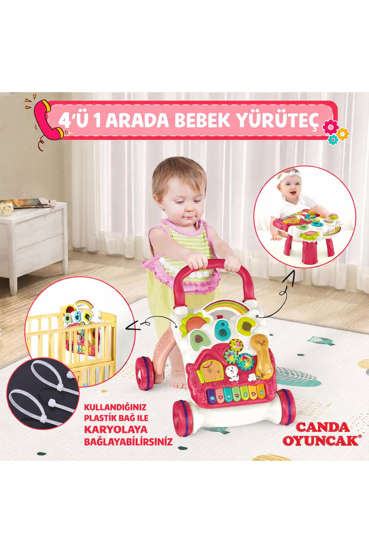 Canda Oyuncak Oturma ve Kalkma Özellikli 4'ü 1 Arada Bebek Yürüteci , Bebek Aktivite Merkezi Kırmızı fotoğrafı 2 (önizleme)