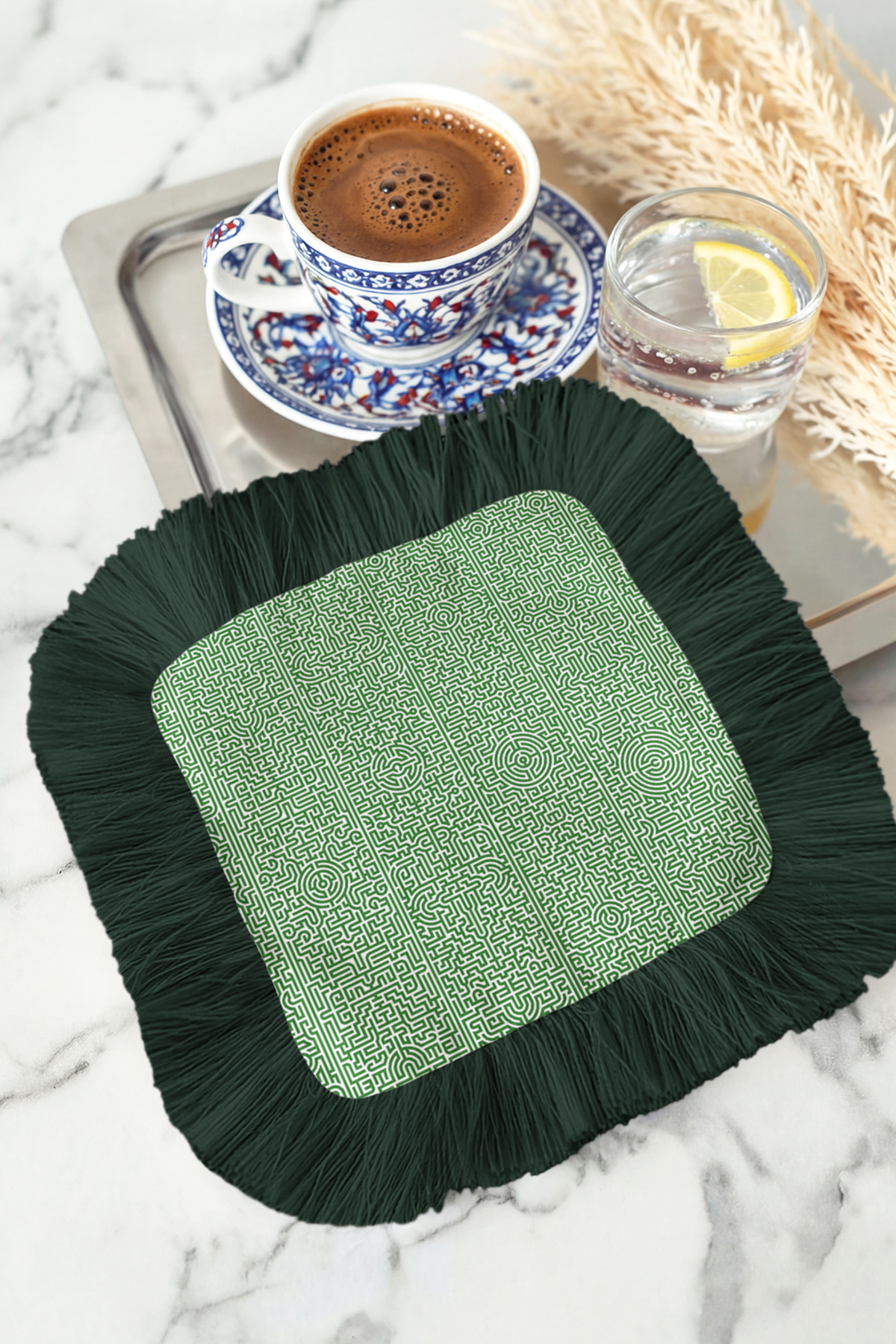 Elegant Geometric Fringed Presentation Napkin - Bohemian Green Cream Coffee Side Presentation Wipes with Labyrinth Motif