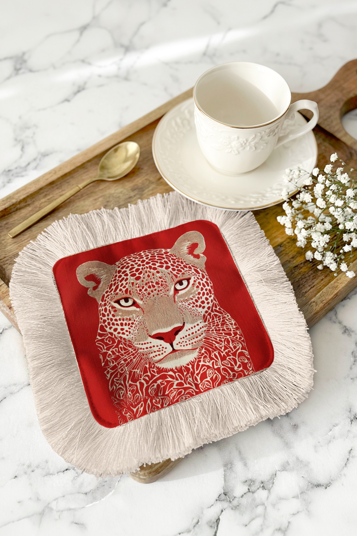 Wild Elegance Fringed Serving Napkin-Leopard Pattern Bohemian Red Cream Coaster Serving Wipes