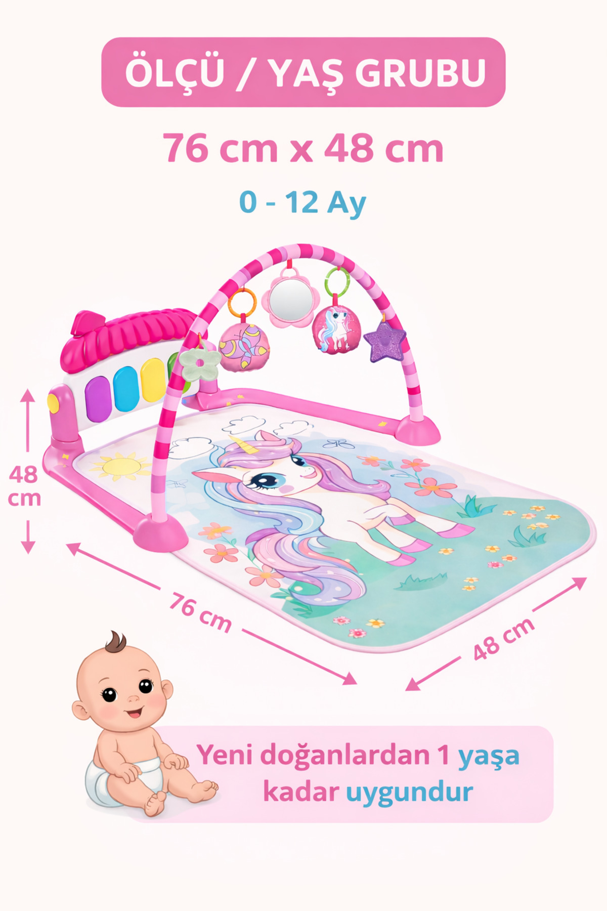 babydoor Unicorn Desenli Piyanolu Bebek Oyun Halısı 0+Ay Figürlü Işıklı ve Müzikli Gelişim Matı Pembe 558 fotoğrafı 5 (önizleme)