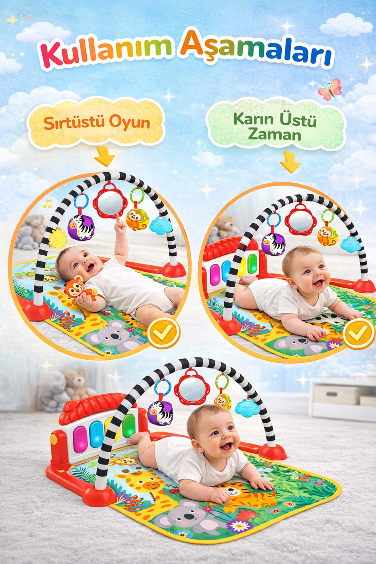 babydoor Safari Piyanolu Desenli Bebek Oyun Halısı 0+Ay Sevimli Hayvan Figürlü Işıklı ve Müzikli Gelişim Matı fotoğrafı 4 (önizleme)