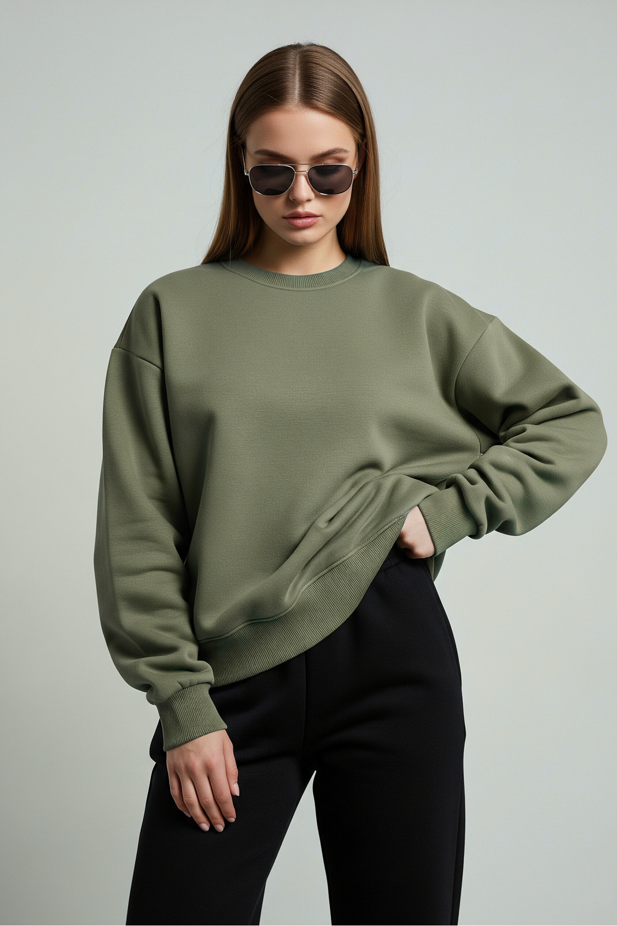 MAXIMILLIAN  Unisex Oversize Bisiklet Yaka Pamuklu Basic Sweatshirt KOYU ÇAĞLA - Görsel 4