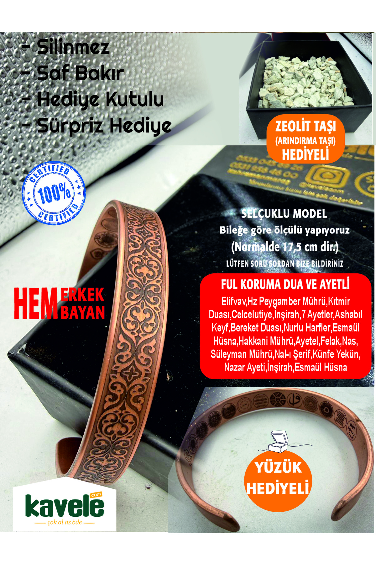 Ham saf bakır Dışı Selçuklu İçi Ayetli Bileklik-Hediyelik Kutuda-Ayetel Kürsi,Felak,Nas,Nazar ve