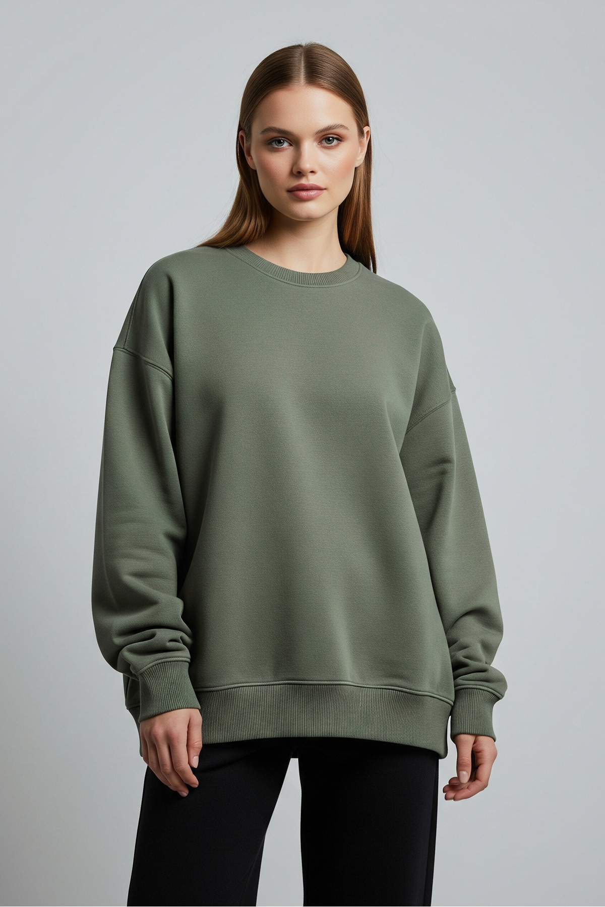 MAXIMILLIAN  Unisex Oversize Bisiklet Yaka Pamuklu Basic Sweatshirt KOYU ÇAĞLA - Görsel 2