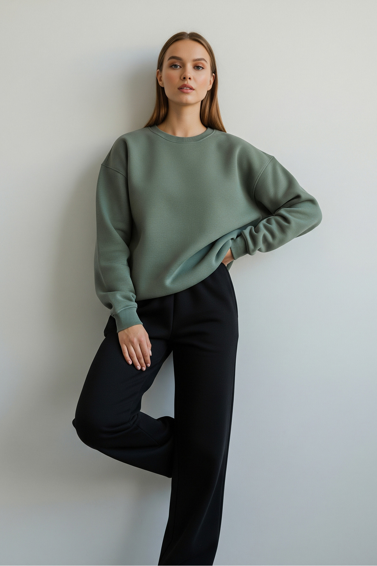 MAXIMILLIAN  Unisex Oversize Bisiklet Yaka Pamuklu Basic Sweatshirt KOYU ÇAĞLA