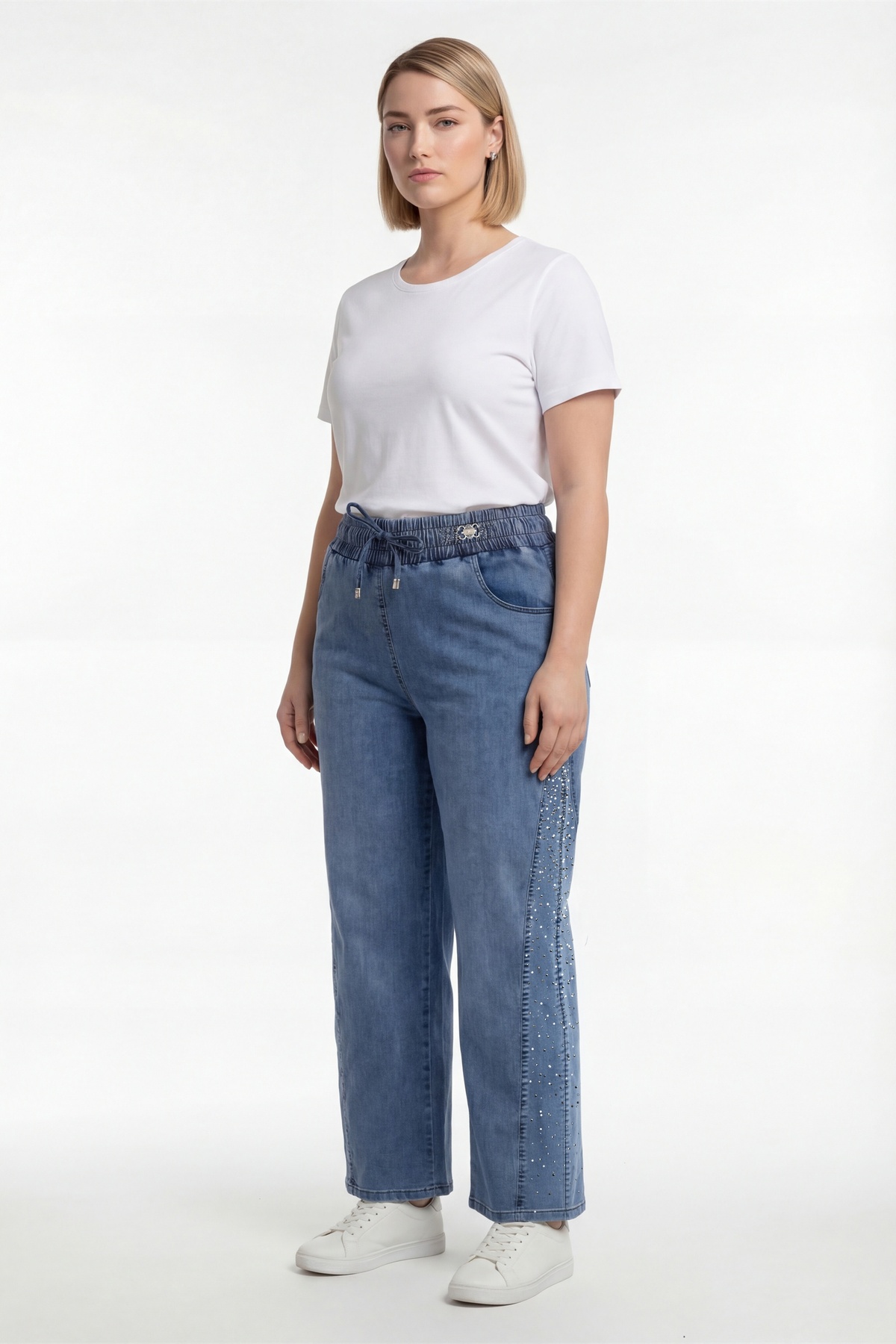 EXİTLİNE  Kadın Lacivert Sezonluk Beli Lastikli Bağcıklı Taşlı Boru Paça Denim Pantolon - Görsel 3