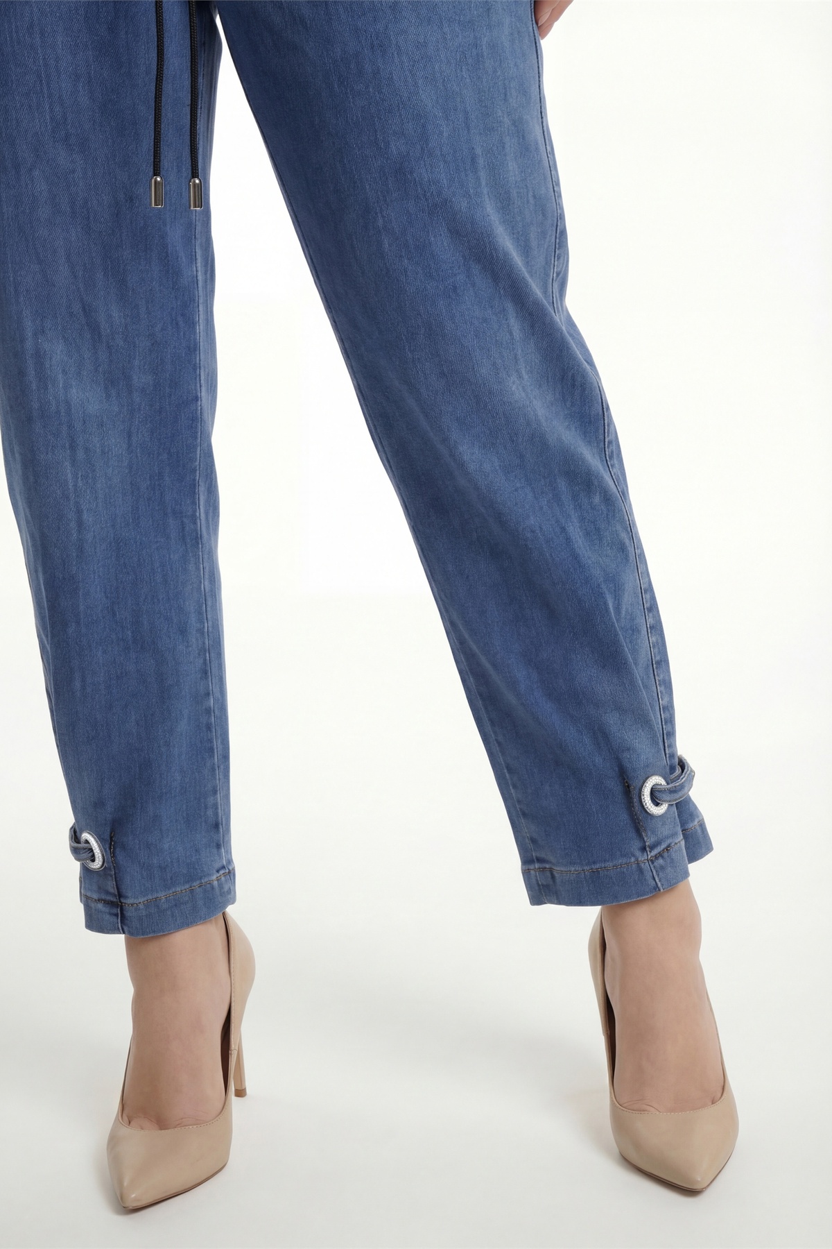 EXİTLİNE  Kadın Lacivert Sezonluk Beli Lastikli Bağcıklı Özel Aksesuarlı Denim Pantolon - Görsel 4