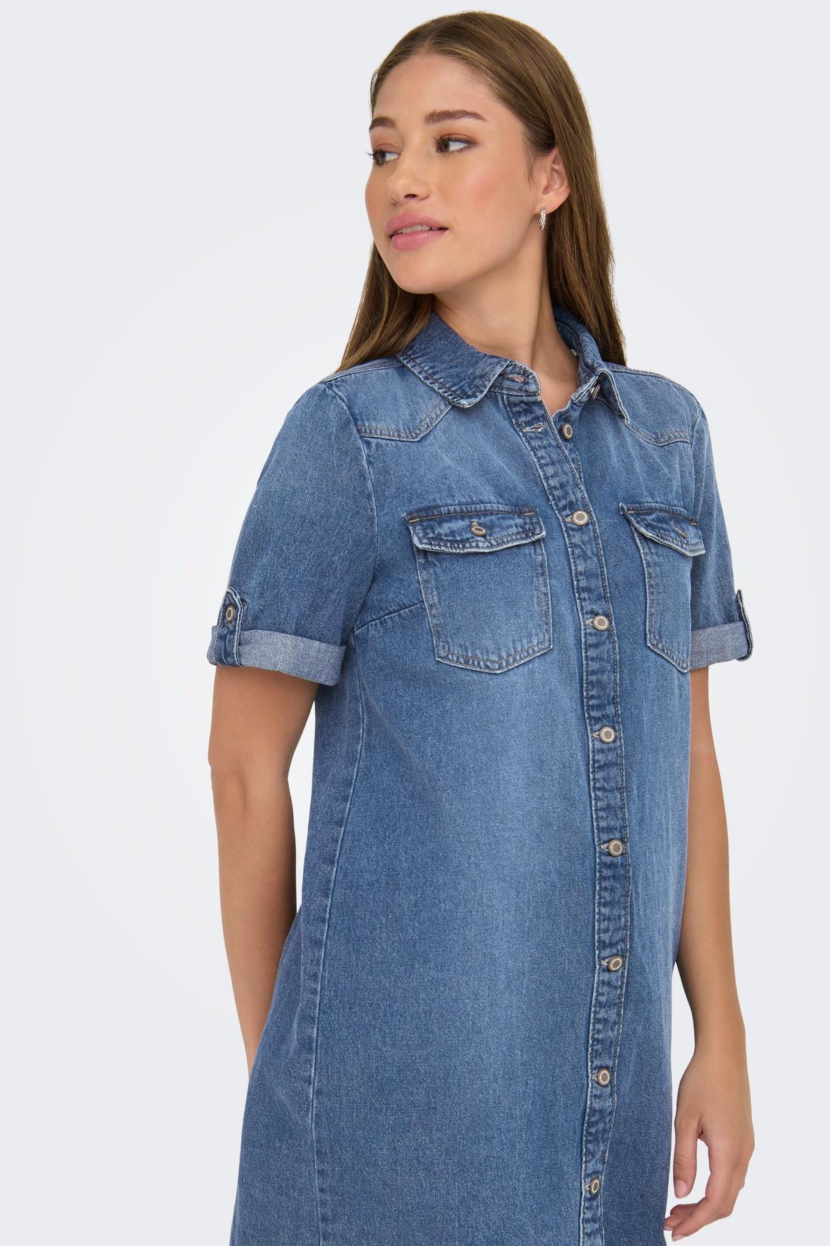 ONLY  ONLLISA Kadın Kot Elbise Kısa Kollu Günlük - Görsel 5