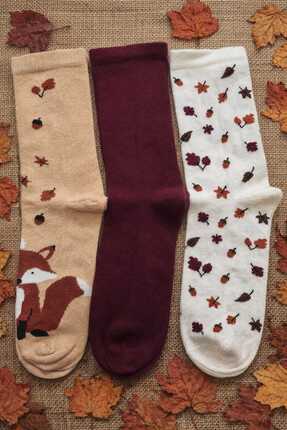 Moonrise Socks Soket Çorap 3 Çift Tilki Desen Bej - Düz Bordo - Yaprak Desen ...