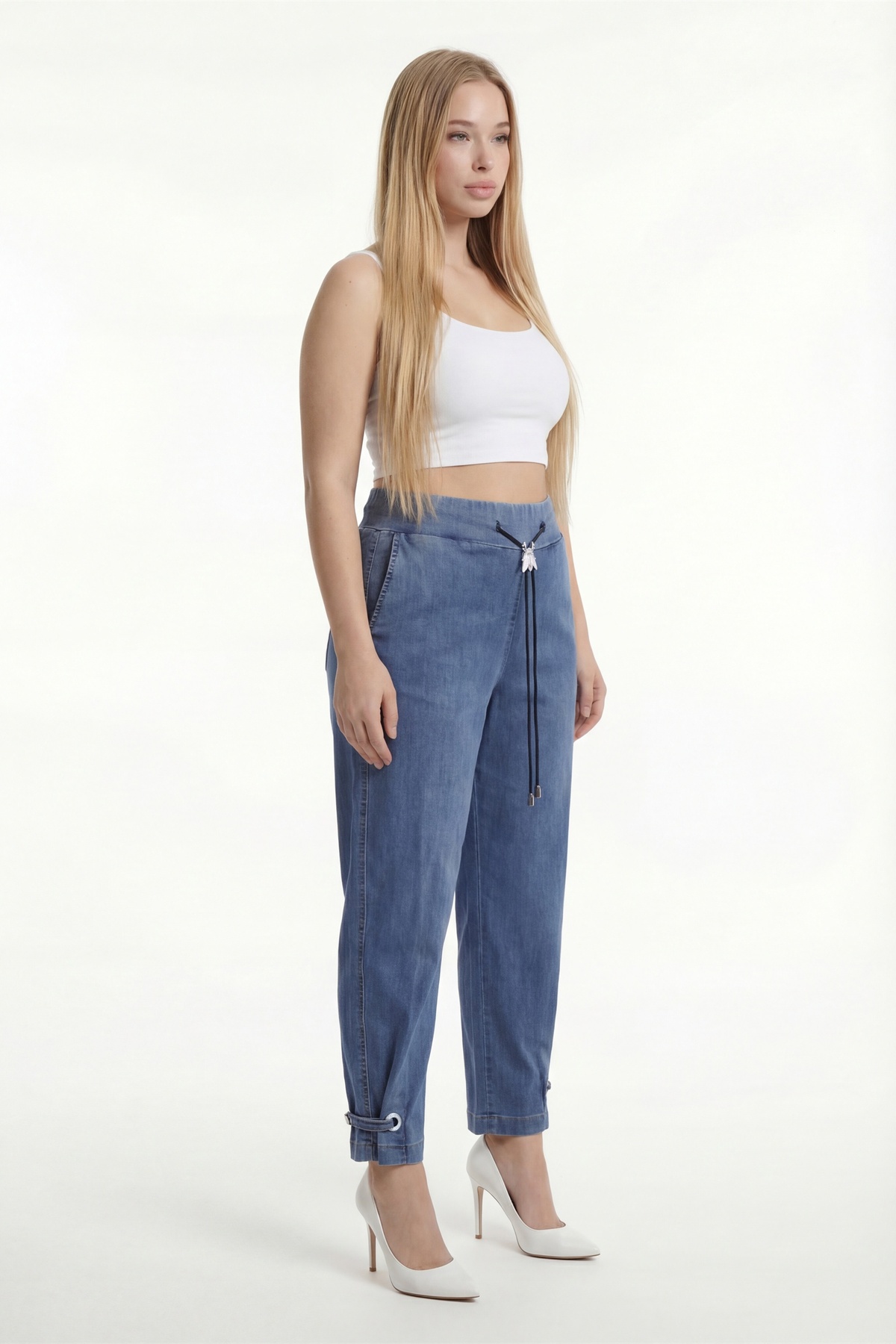 EXİTLİNE  Kadın Lacivert Sezonluk Beli Lastikli Bağcıklı Özel Aksesuarlı Denim Pantolon - Görsel 3