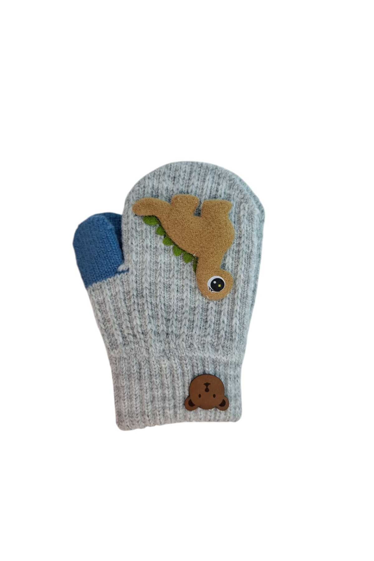Kitti Spteks 1-3 Yaş Erkek Bebe Çocuk Gri Renk Sevimli Dinozor Figürlü Kışlık Örme Eldiven fotoğrafı 3 (önizleme)