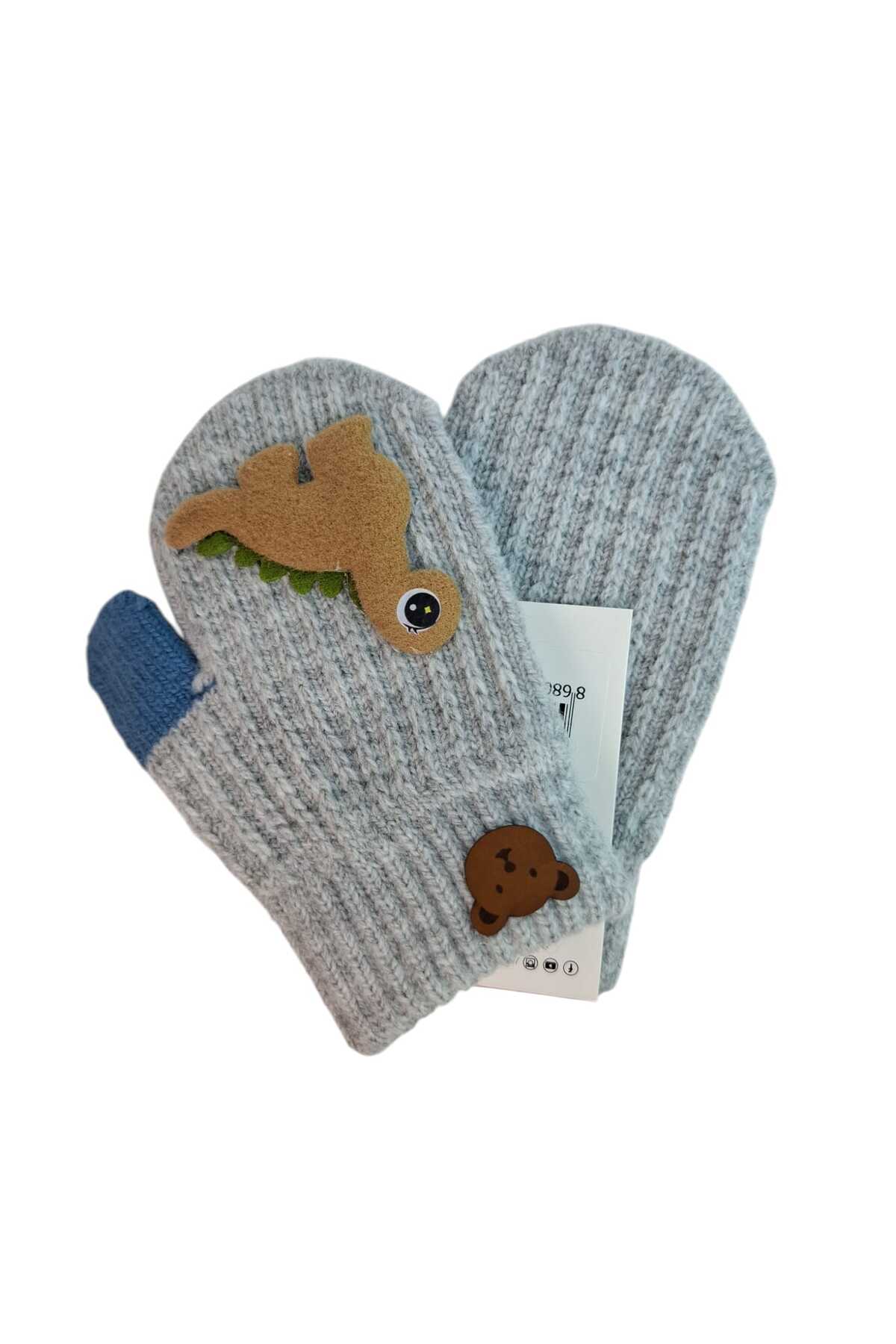 Kitti Spteks 1-3 Yaş Erkek Bebe Çocuk Gri Renk Sevimli Dinozor Figürlü Kışlık Örme Eldiven fotoğrafı 5 (önizleme)
