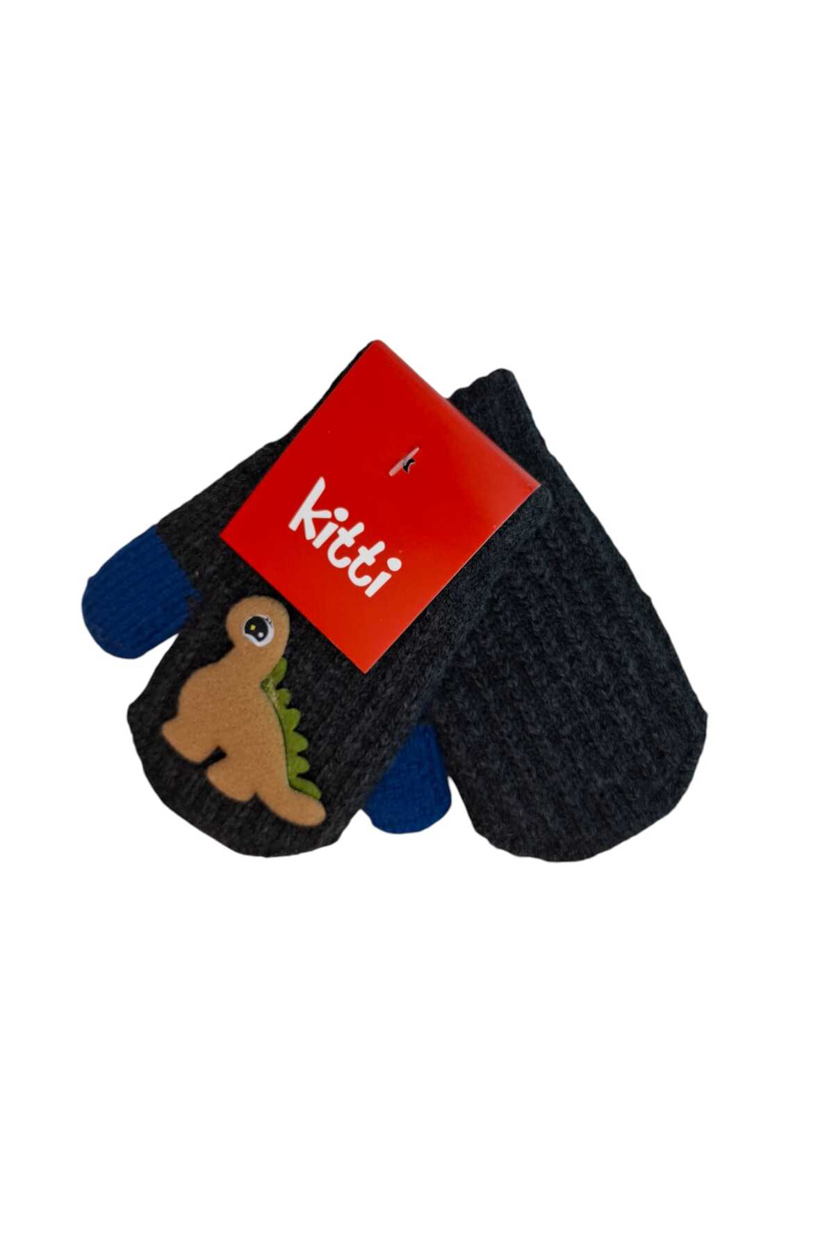 Kitti Spteks 1-3 Yaş Erkek Bebe Çocuk Siyah Renk Sevimli Dinozor Figürlü Kışlık Örme Eldiven fotoğrafı 3 (önizleme)