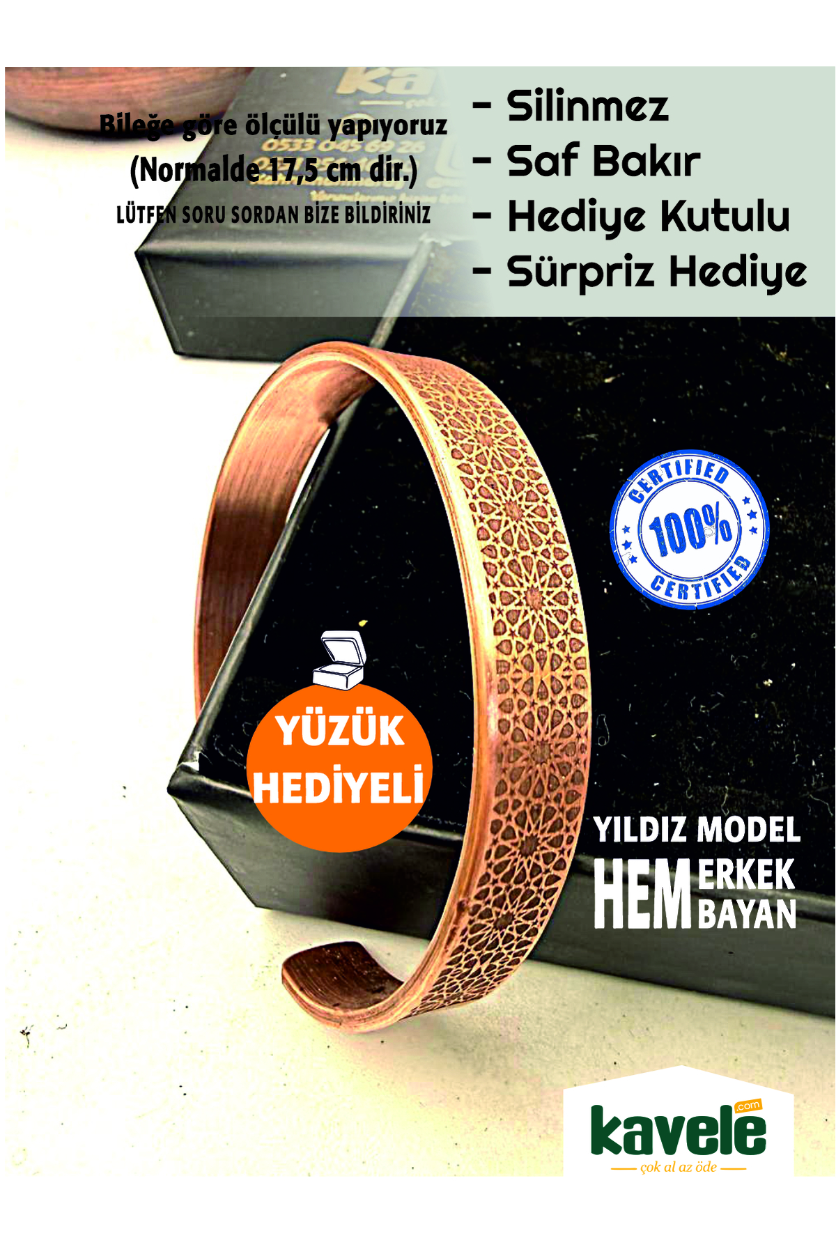 Saf bakır Dışı Yıldız Motifli Bakır Bileklik-Hediyelik Kutuda