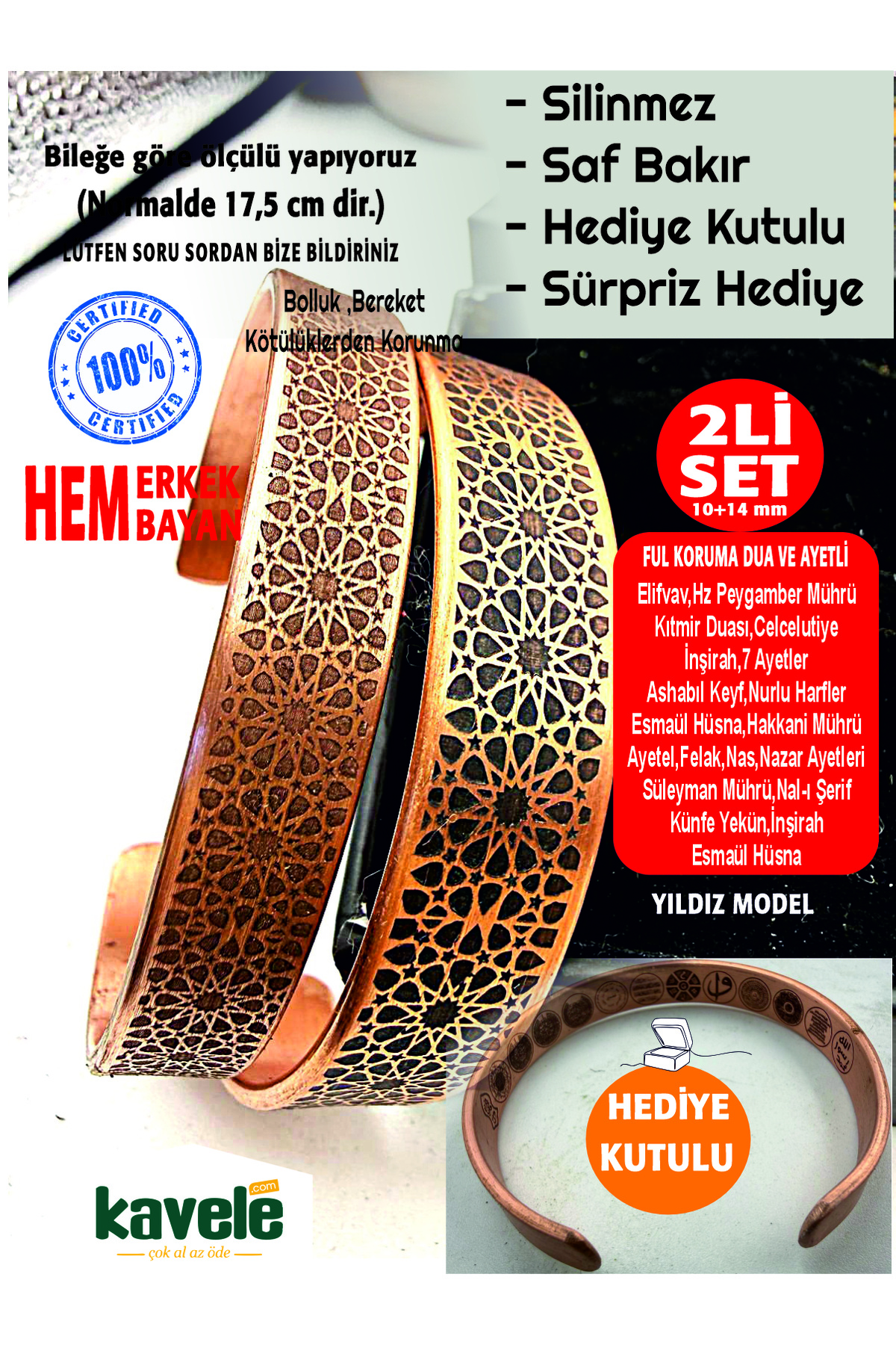 Saf bakır Dışı Yıldız Motifli İçi Ayetli Bakır Bileklik-Hediyelik Kutuda-Ayetel,Felak,Nas,Nazar ve