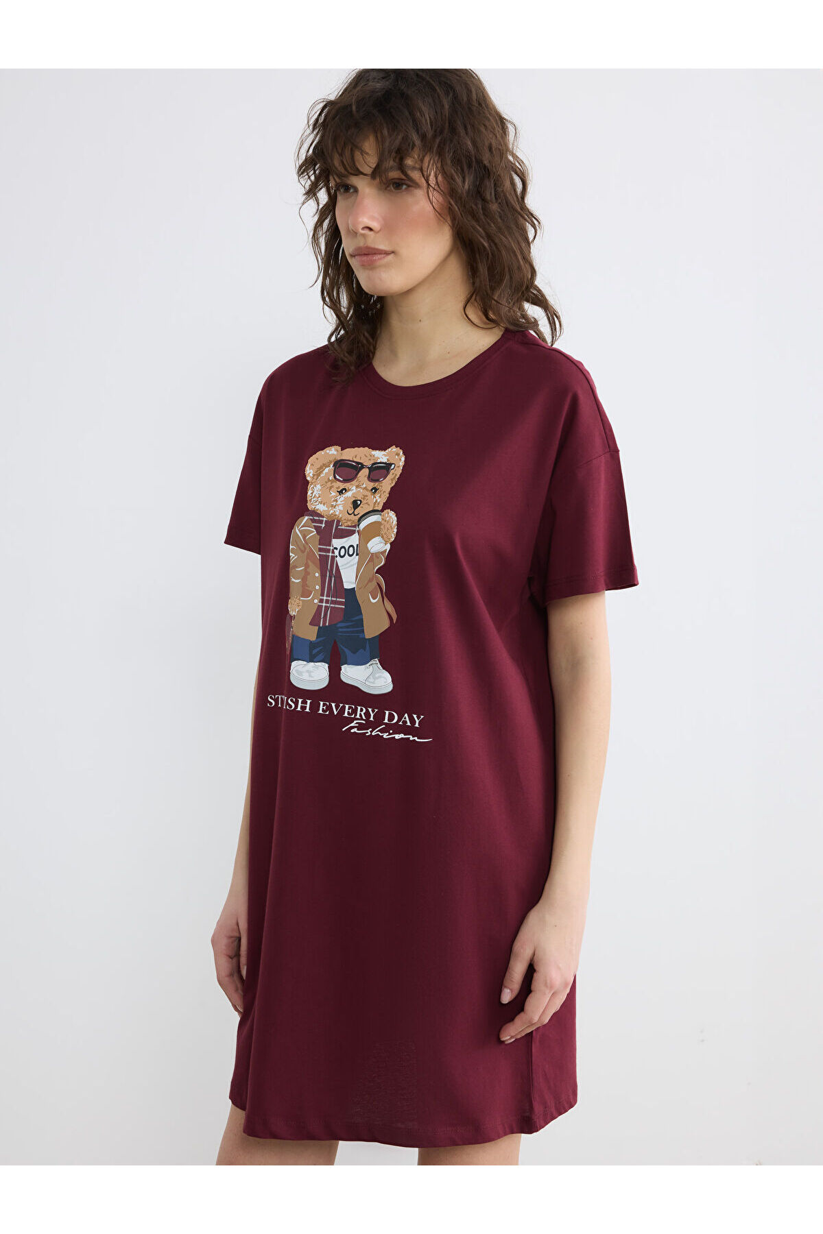 LC Waikiki Hilfa Yeni Sezon Bisiklet Yaka Ayı Teddy Baskılı Kadın Gecelik