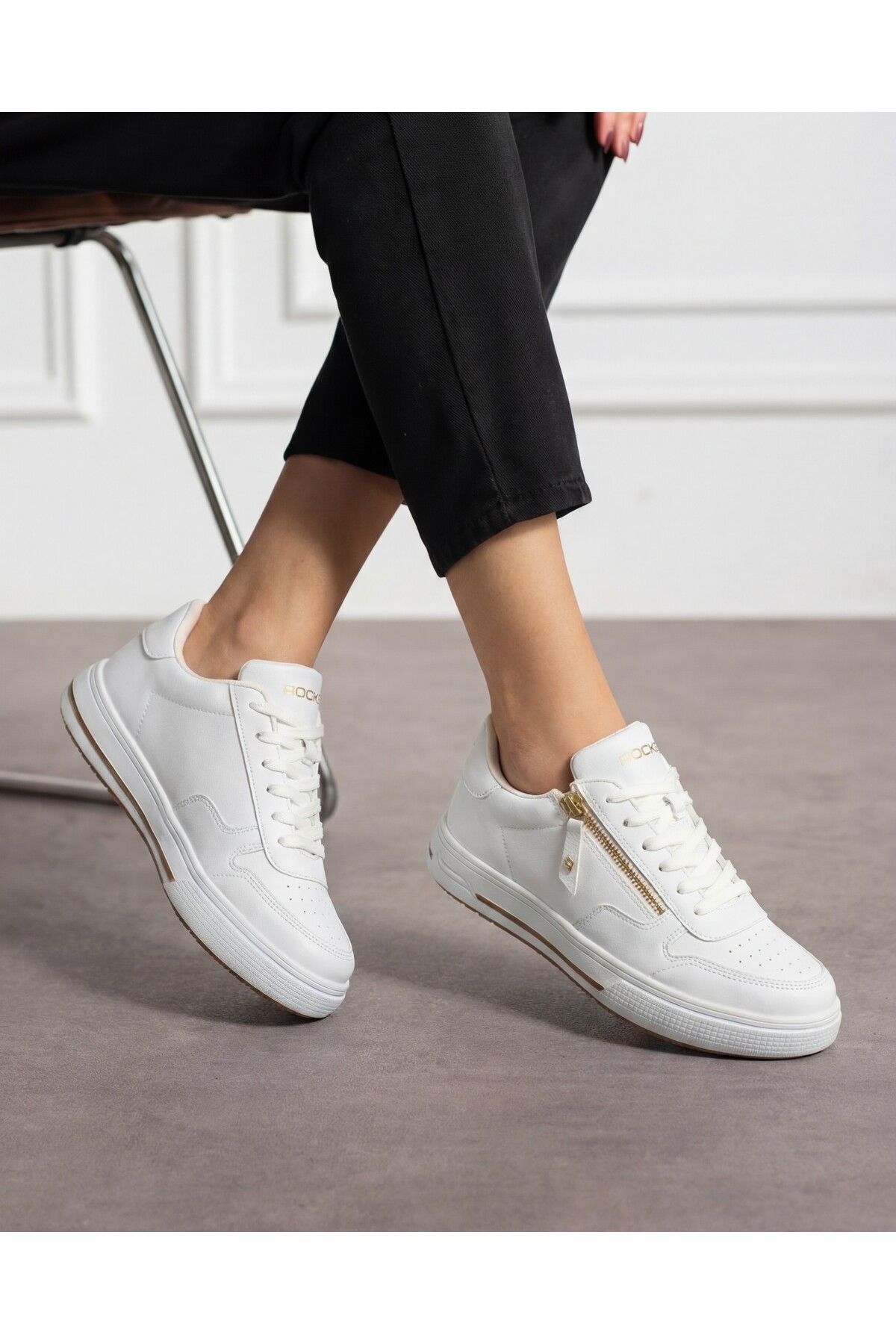 ROCKET Kadın Sneaker Günlük Hafif Taban Bağcıklı Fermuarlı Spor ayakkabı 395 Beyaz Altın