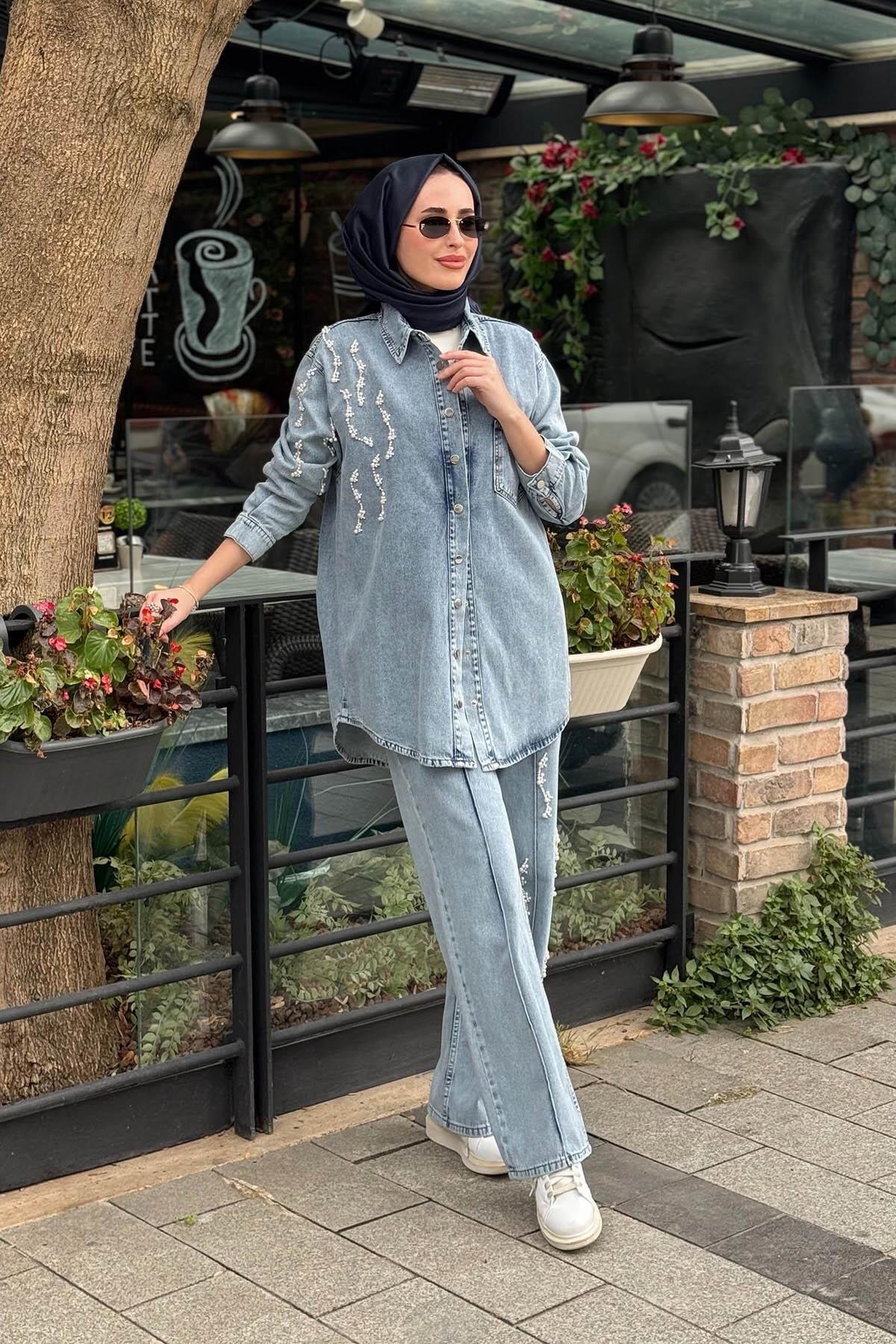 Moodbasic İncili Pantolonlu Denim Takım MB24.756 Açık Mavi