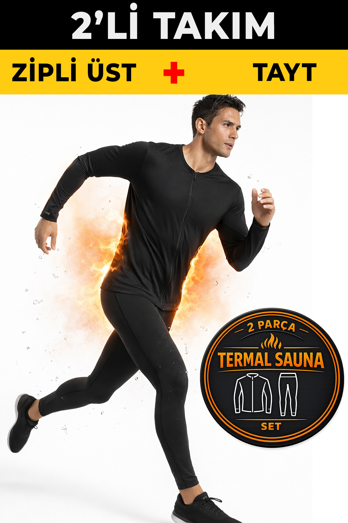 elilom Siyah Termal Sauna Takım Terletici etki, Fermuarlı Üst ve Bel Lastikli Tayt (2 Parça Set)