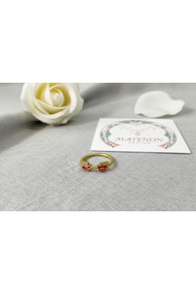 Marka Matenon Design İki Kırmızı Baget Taşlı Açık Tasarım Gold Rengi Yüzük