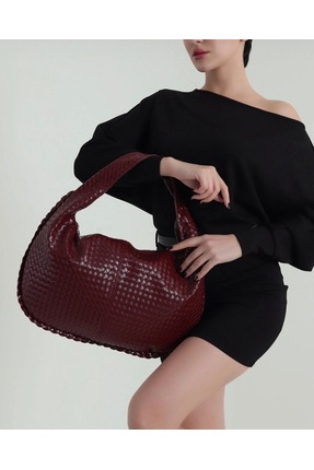 Lavine Bordo Örgü Dokulu Yarım Ay Kadın Omuz Çantası