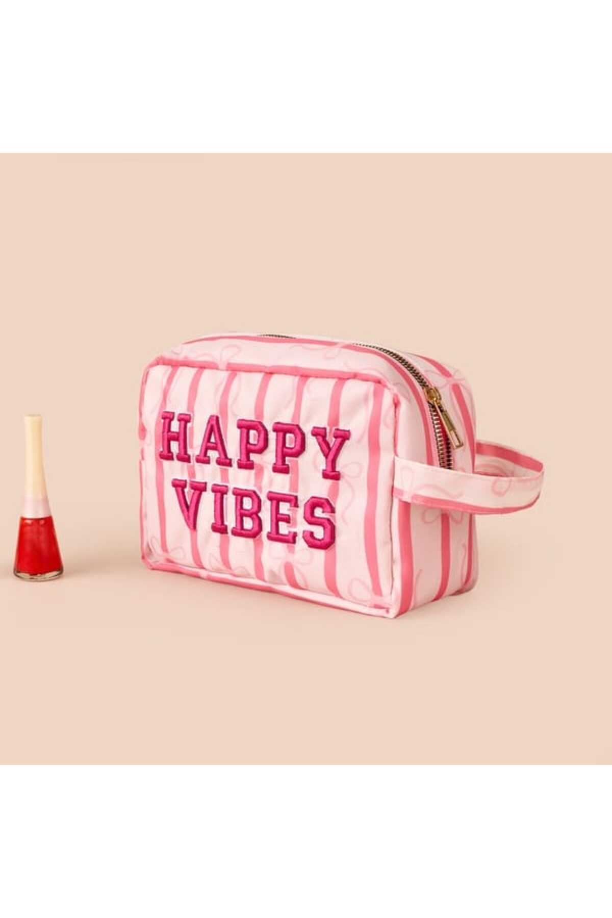 Happy Vibes Kozmetik Çantası - Pembe - 21x12x8 cm — صورتی 06KHE183 — تصویر 2 از 3