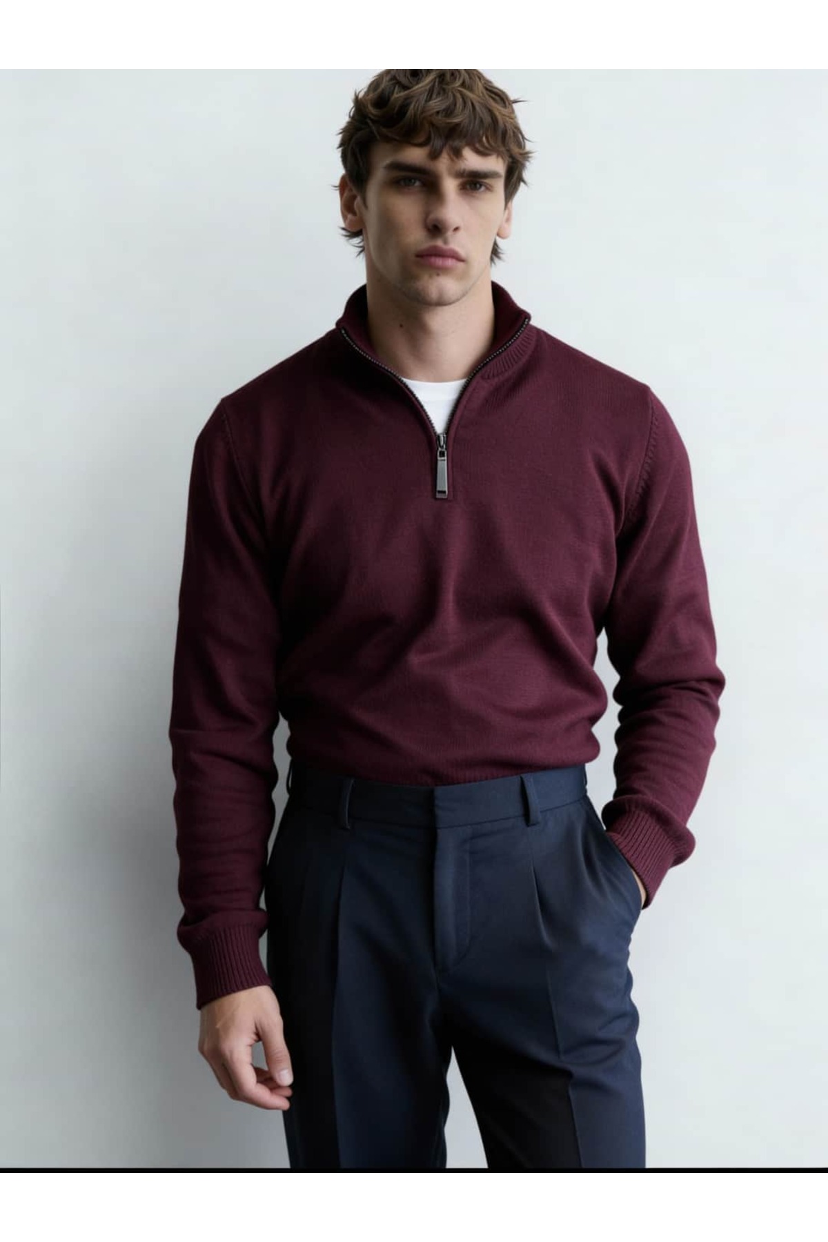 Atelier Old Money Merino Blend Half Zip Bordo Knit FW5834 — زرشکی merino-blend-half-zip-bordo-knit-fw5834