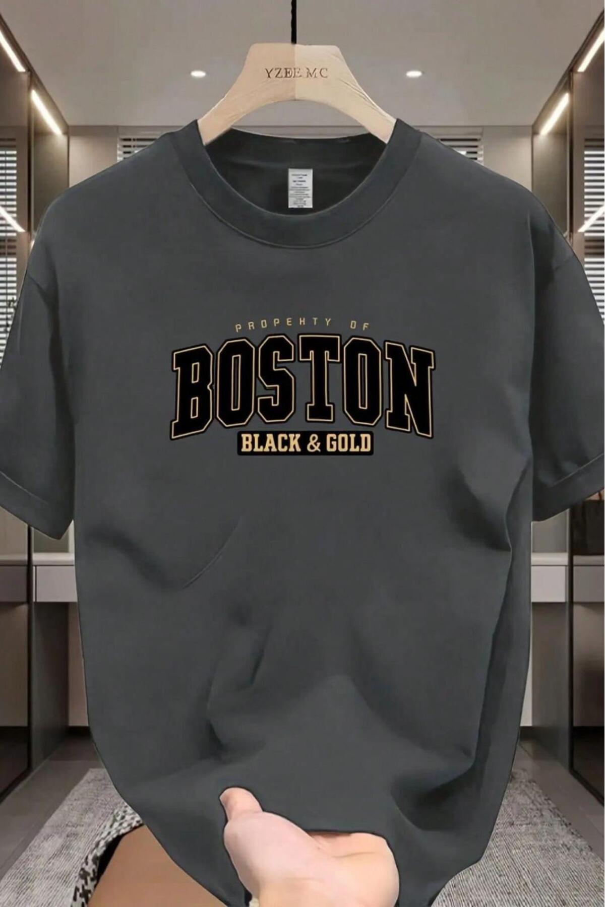 CAST COLLECTİON Unisex Anthracite Boston Black Printed Oversize T-Shirt