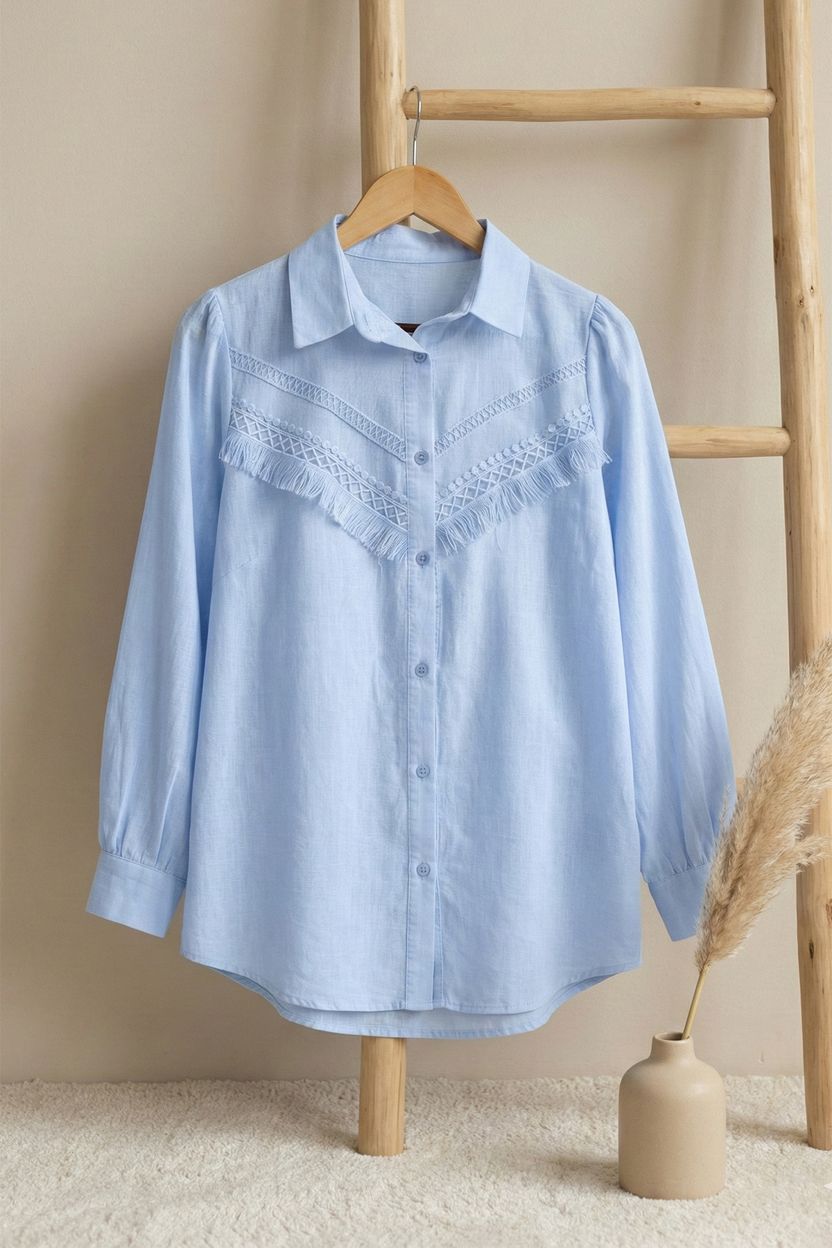 Women's Guipure Raw Linen Balloon Sleeve Tunic Shirt - Baby Blue