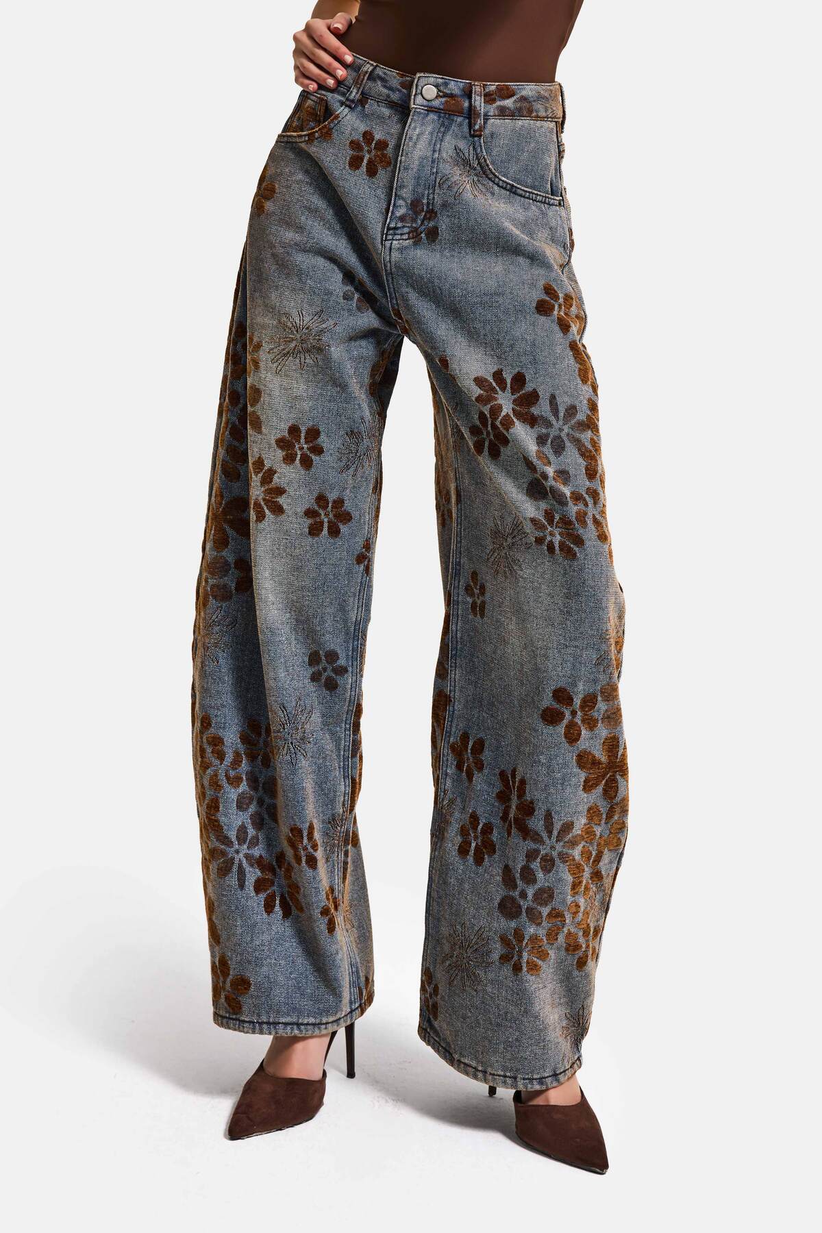 it's basic  Kadın T.Kot Rengi s5-8 Özel Flok Desenli Skater Fit Tasarım Denim Jean