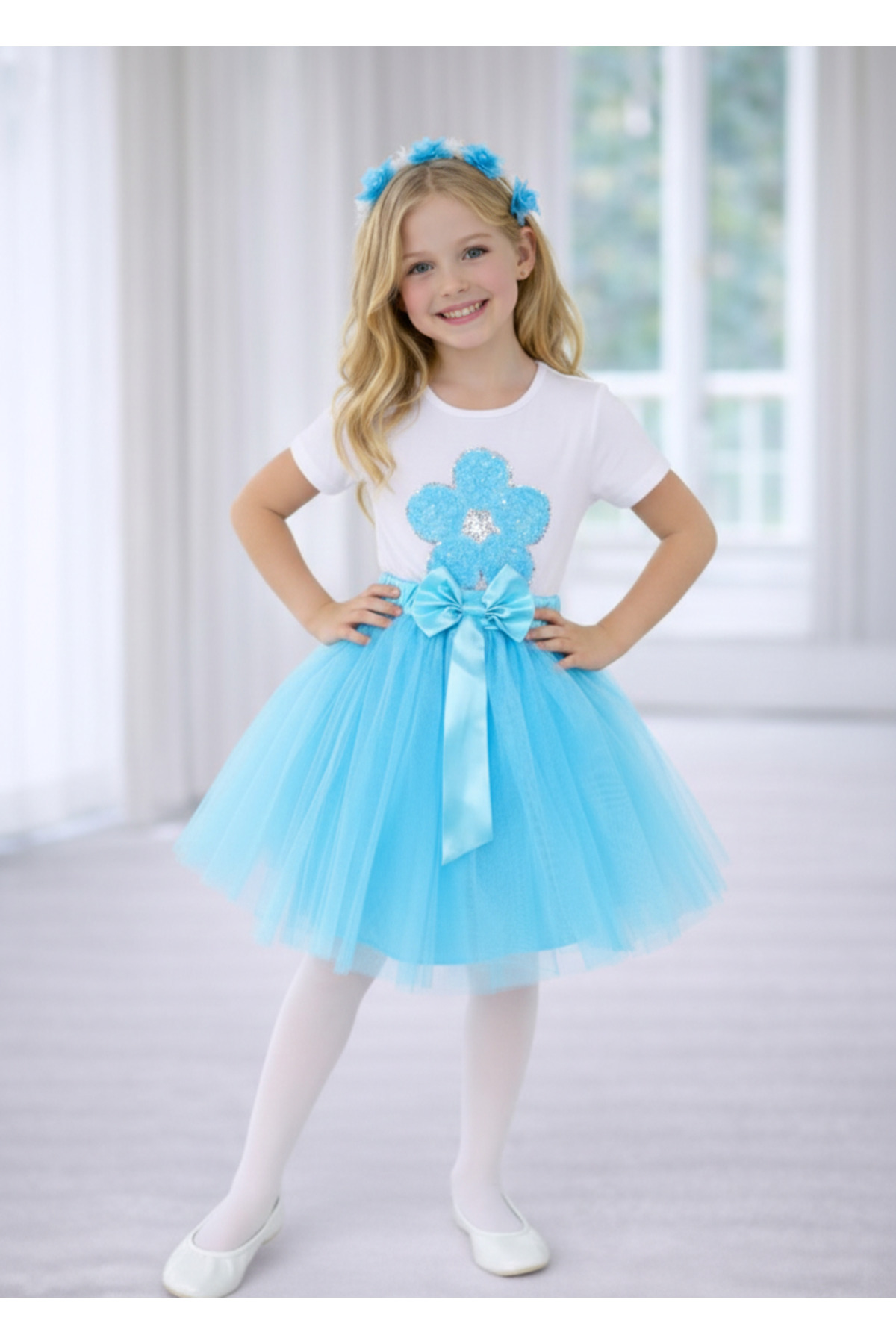 Girl April 23, 29October Showwear Costume Tutu Skirt Short Sleeve Floral Pattern T-Shirt Set040