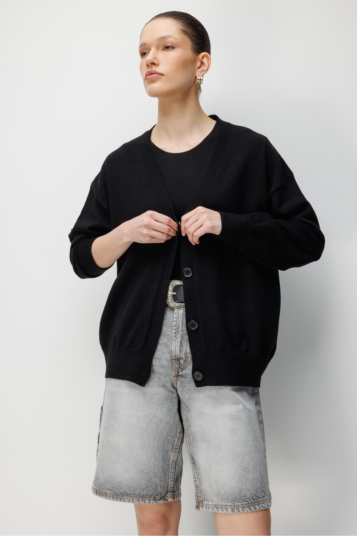 Mixray  7023 Kadın Düğmeli Basic Premium Hırka Siyah - Görsel 3