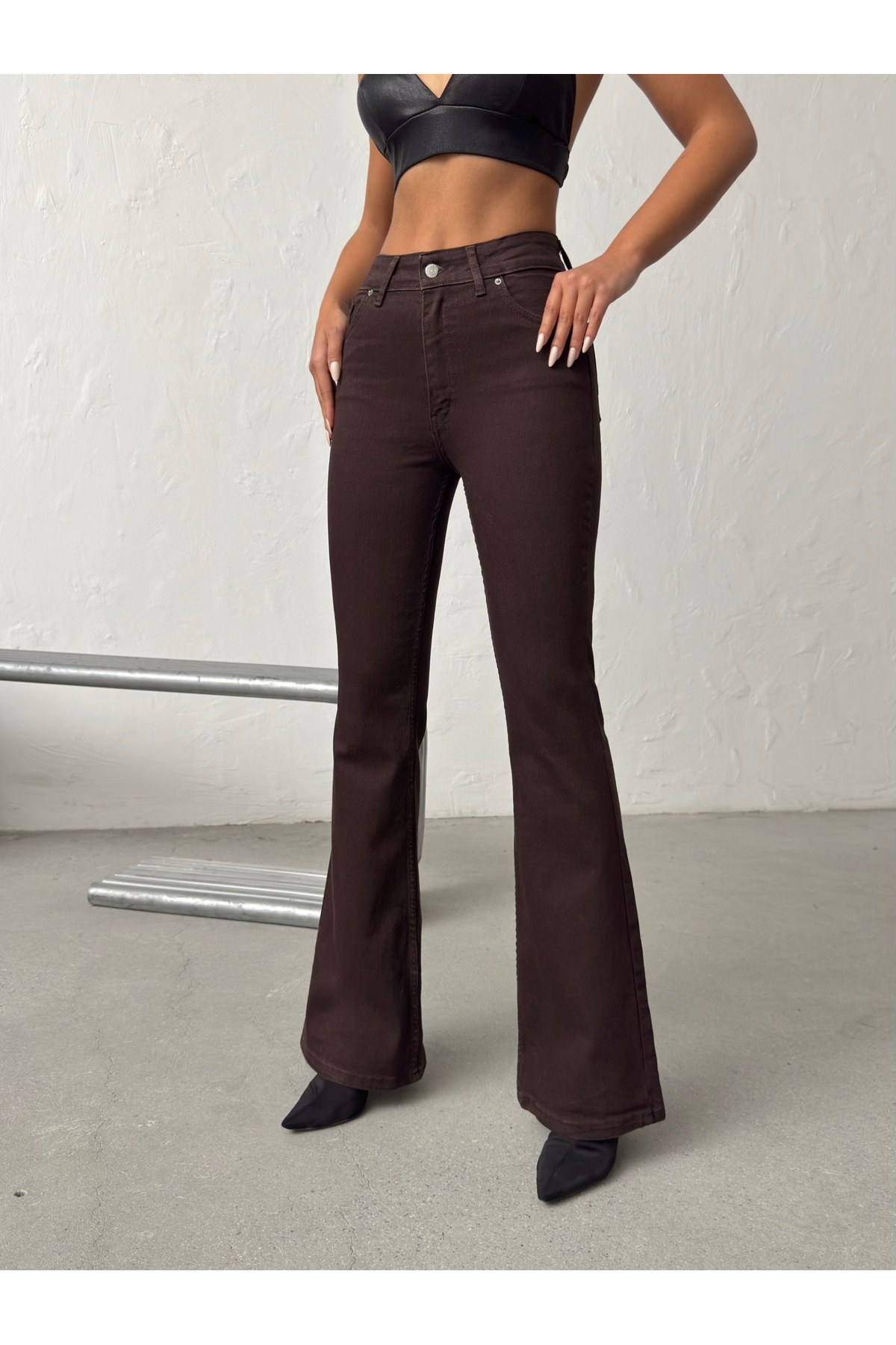 Swet Shop Jeans  Kadın Yüksek Bel Likralı Acıkahve İspanyol Paça Jean Pantolon