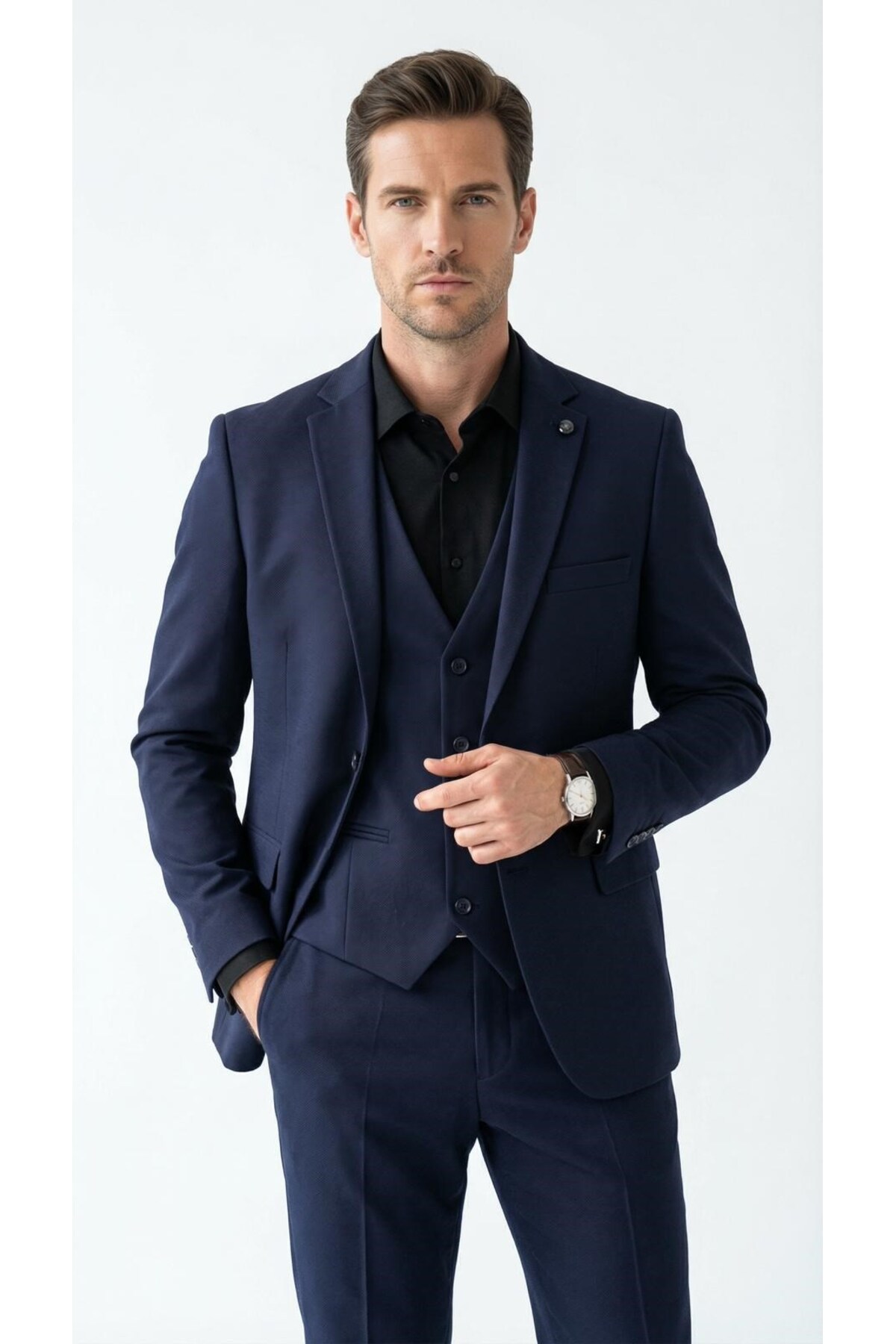 Plus Scorpion  Erkek Klasik Slim Fit Armürlü Kumaş Tek Düğmeli Çift Yırtmaçlı Klasik Yaka Takım Elbise 7 Drop - Görsel 6