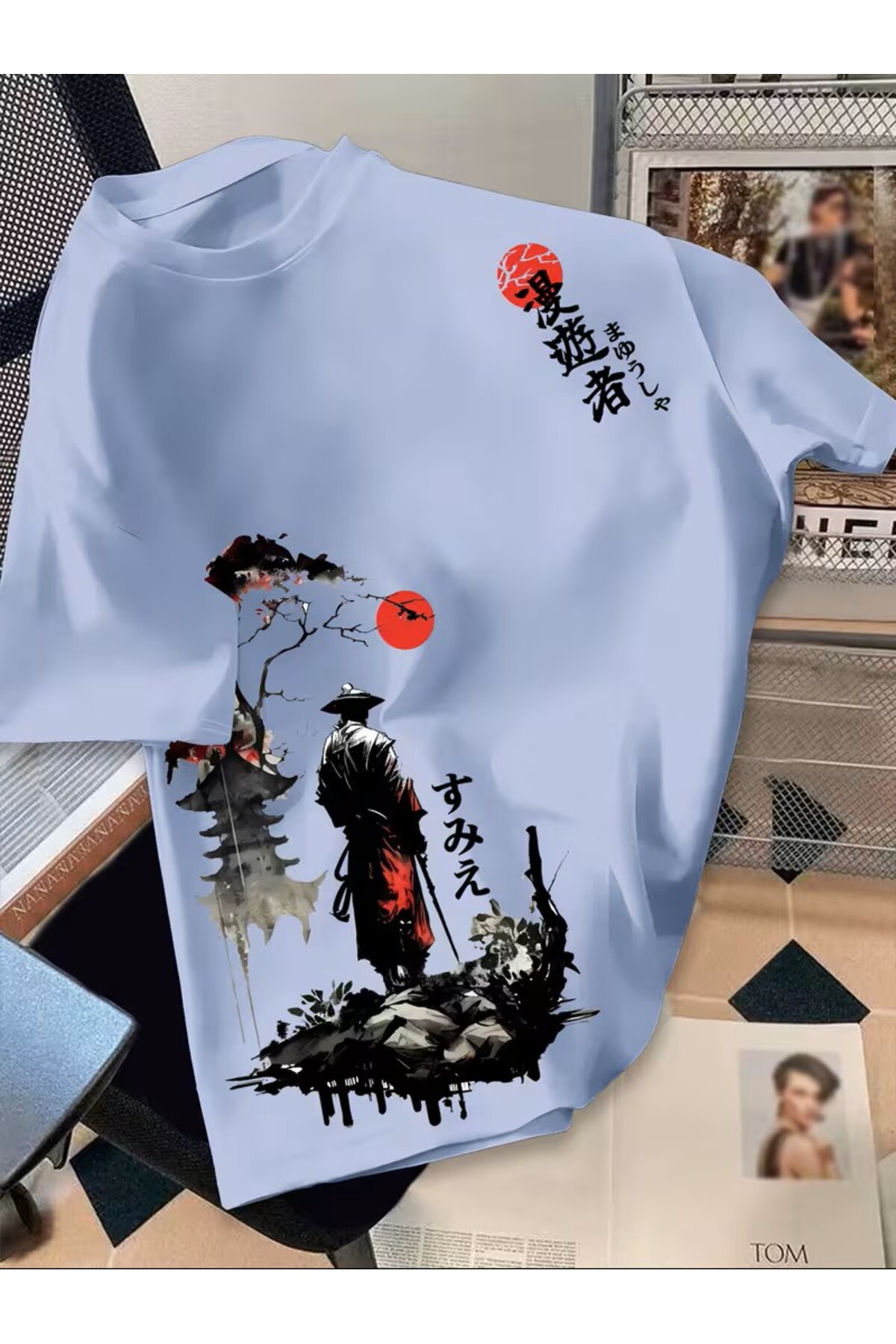 oneagılyazı  Tişört, Sokak Stili "Gezgin" Japon Samuray Temalı Baskılı Tişört