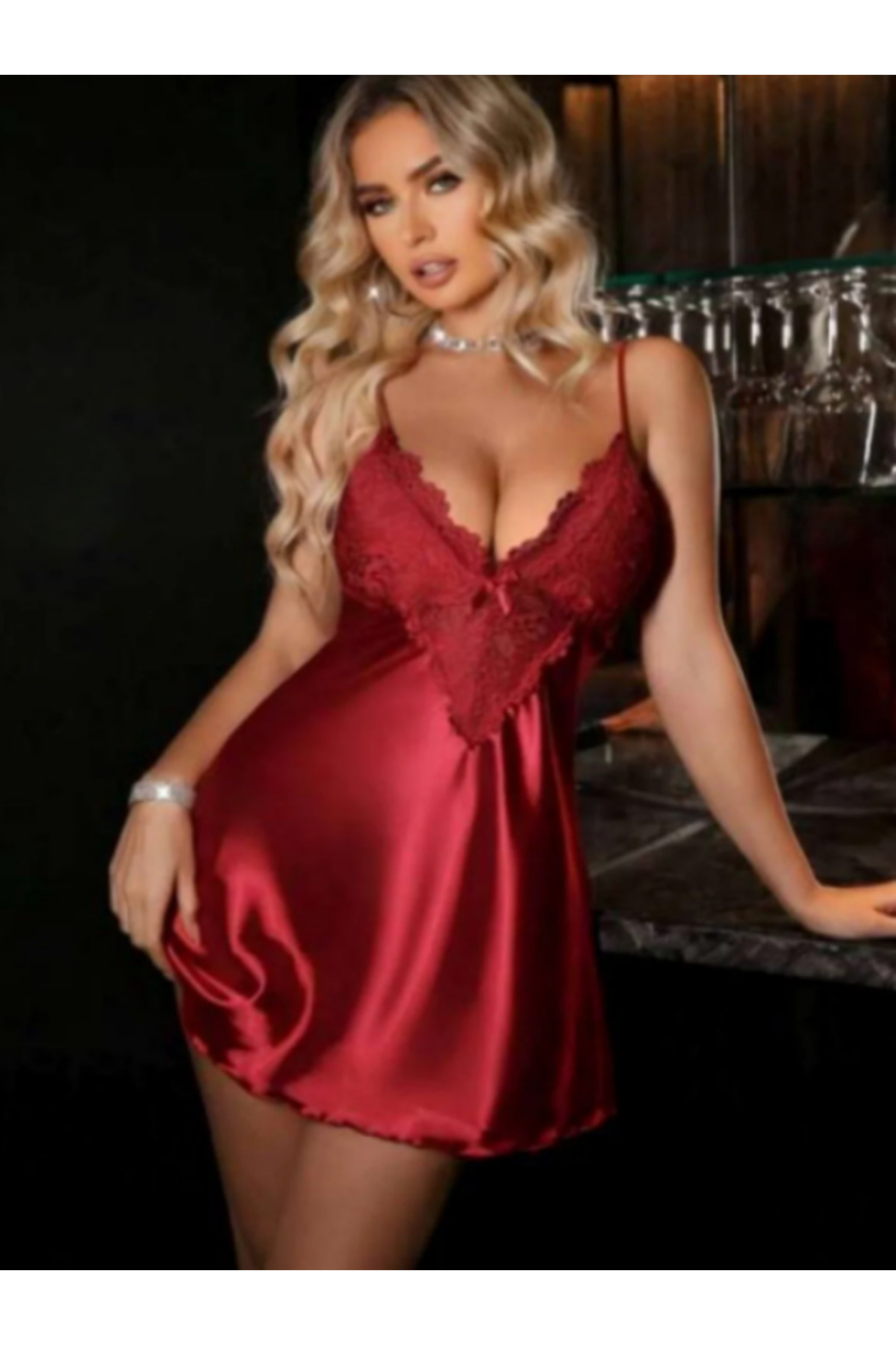 Pijamask KADIN KIRMIZI DANTELLİ SATEN ELBİSE